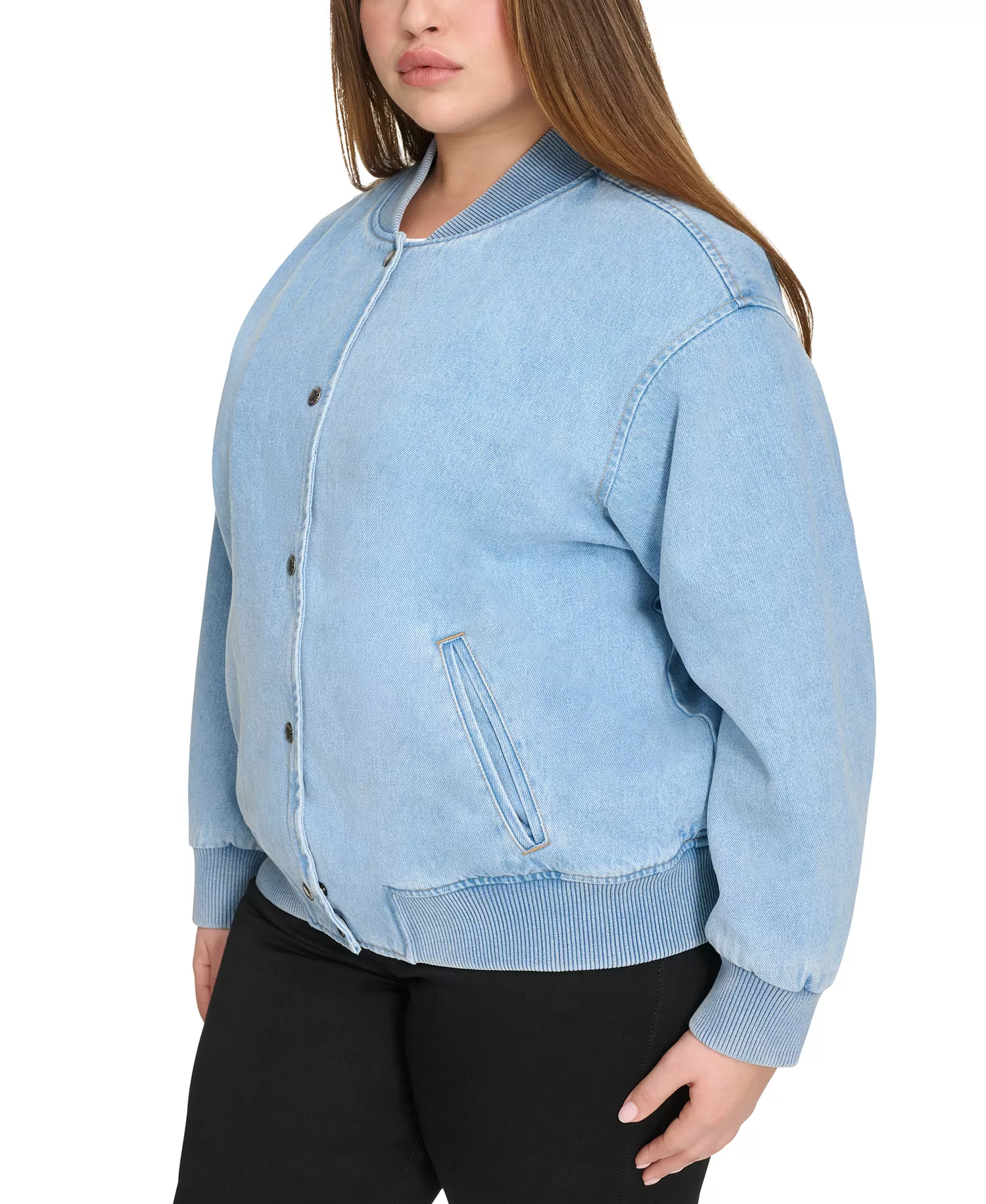 Plus Size Varsity Cotton Denim Bomber Jacket - Light Wash Denim - 1X