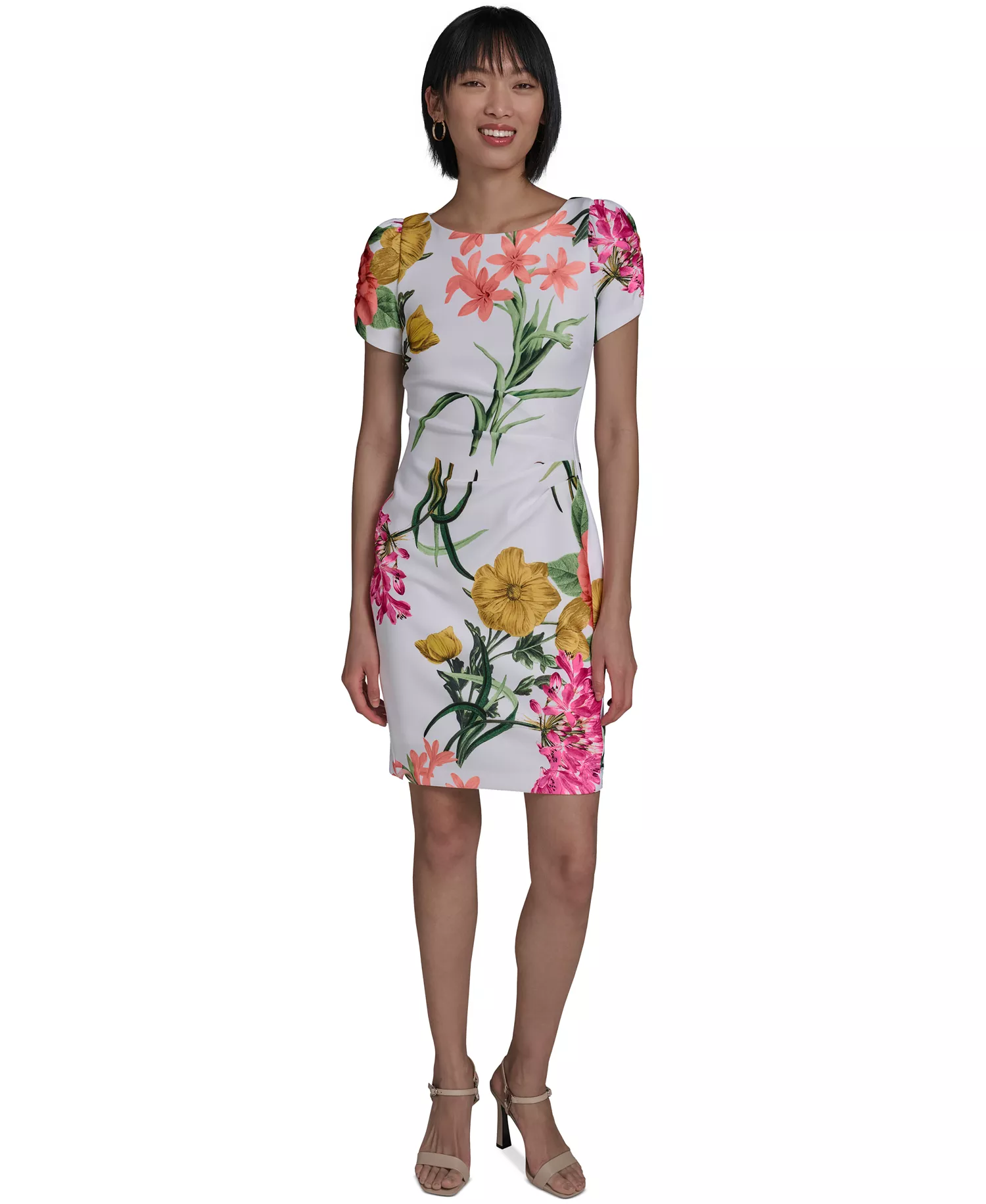 Women's Printed Puff-Sleeve Dress - Soft White/Camelia Combo - 10