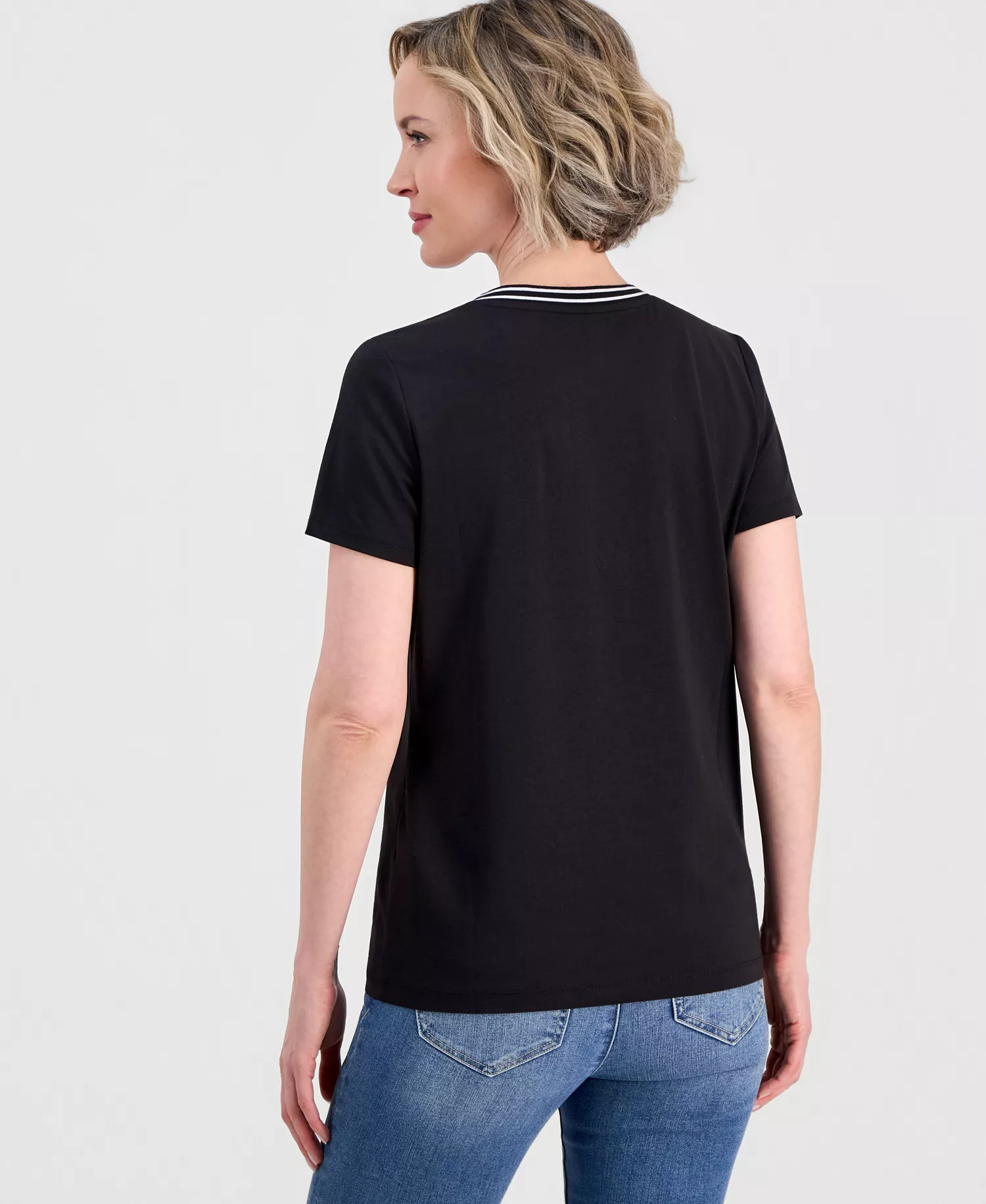 Women's Solid Stripe-Trim V-Neck - Black - L