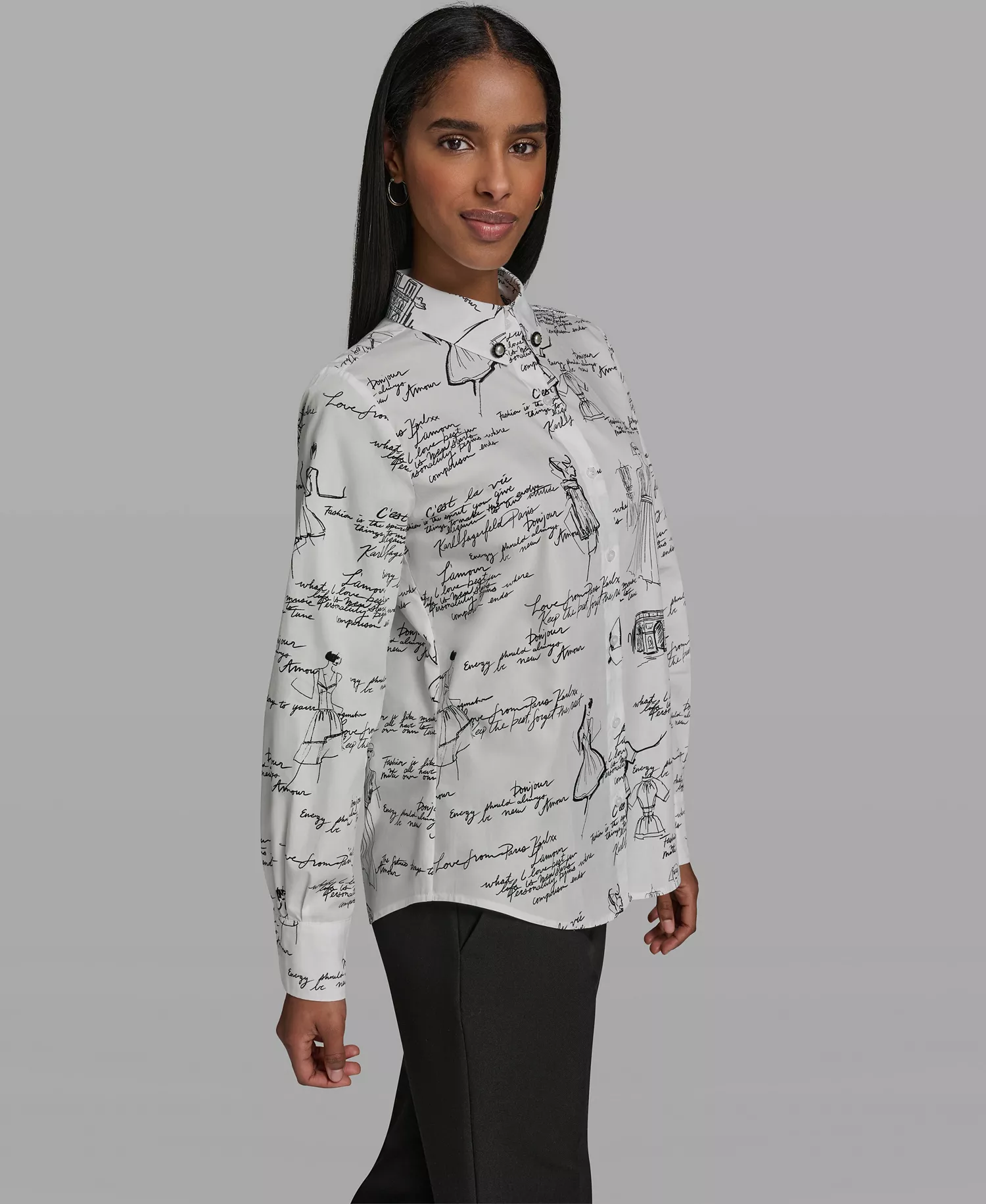 Women's Collared Woven Blouse - Soft White/black - L