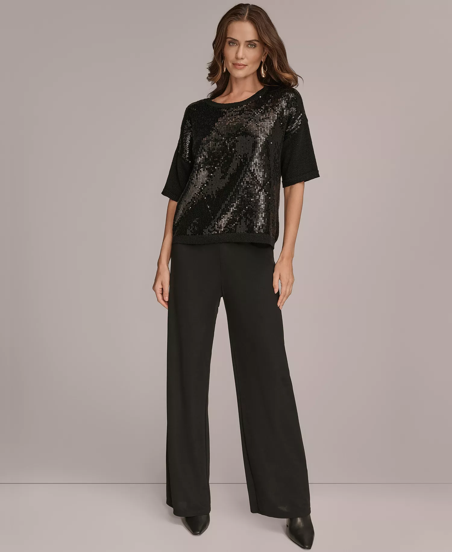 Women's Short Sleeve Sequin Sweater - Black - M