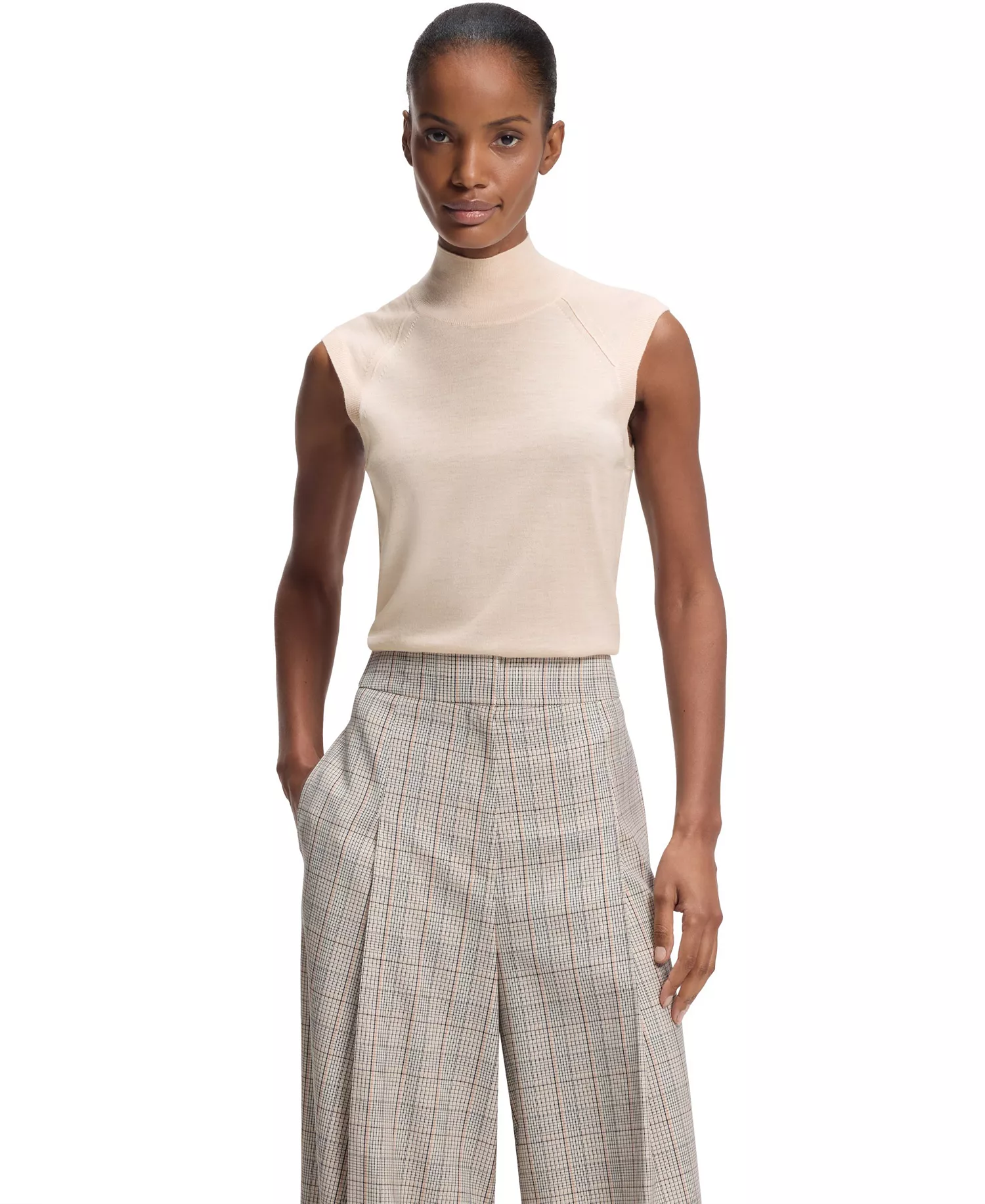 BOSS by Women's Merino Wool Sleeveless Mock Neck Top - Natural - L