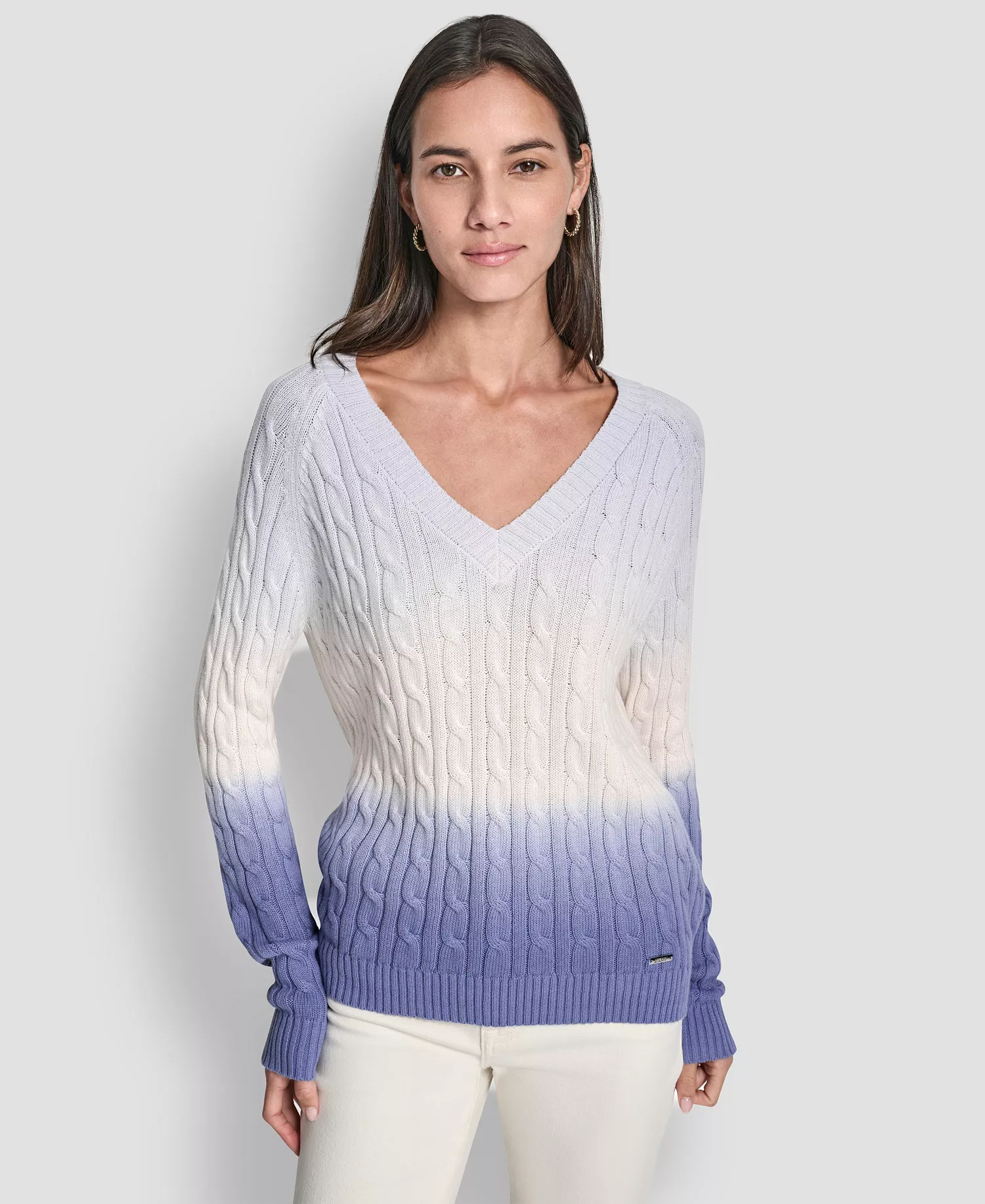 Women's Deep Dye V-Neck Cable Sweater - Frost Blue Combo - L