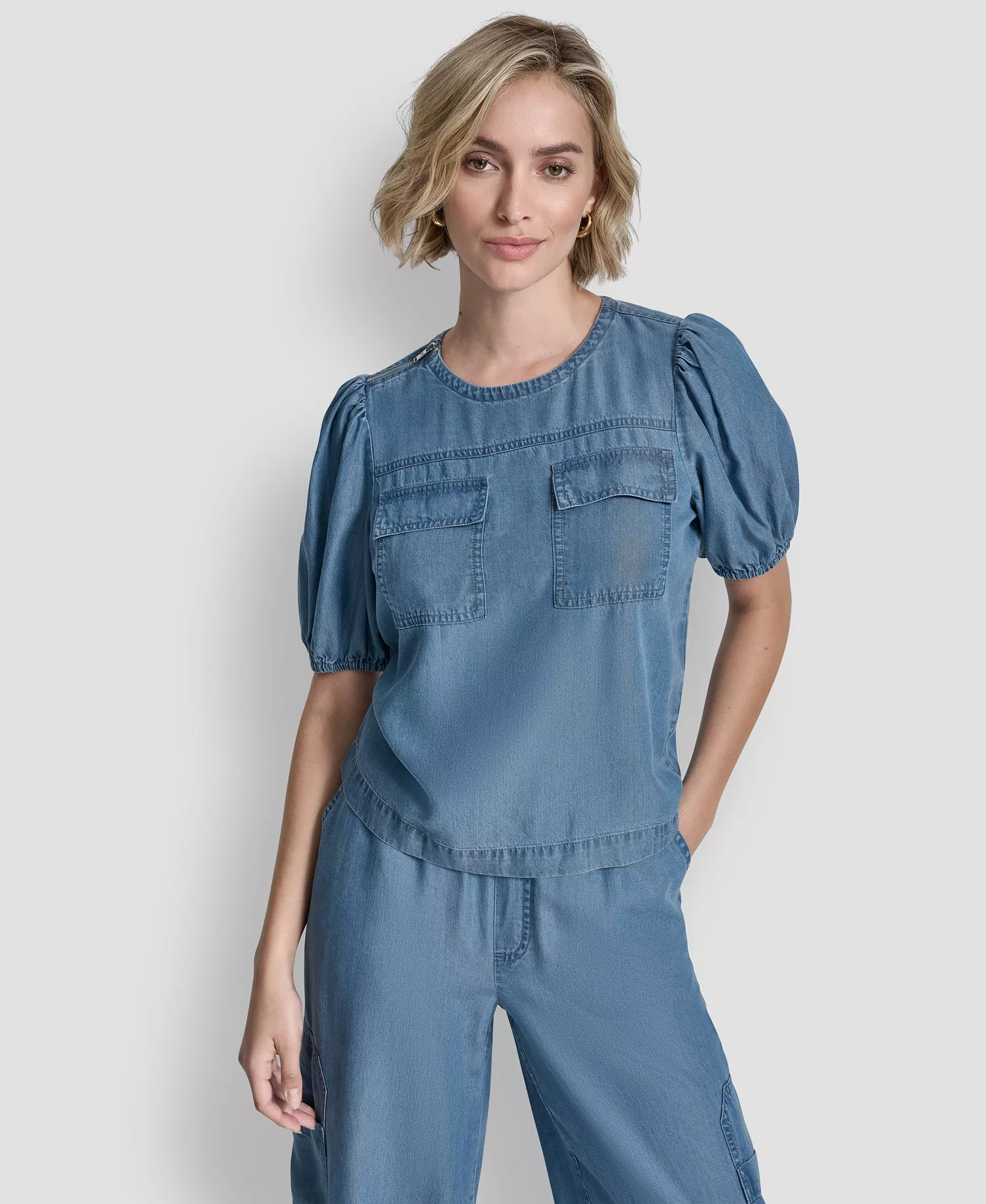 Women's Short-Sleeve Zip-Shoulder Top - Stream Wash - L