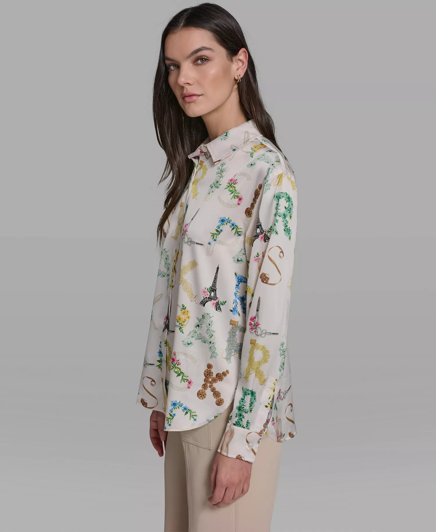 Women's Allover Print Button-Down Long-Sleeve Top - Bisque/panna Cotta Multi - L