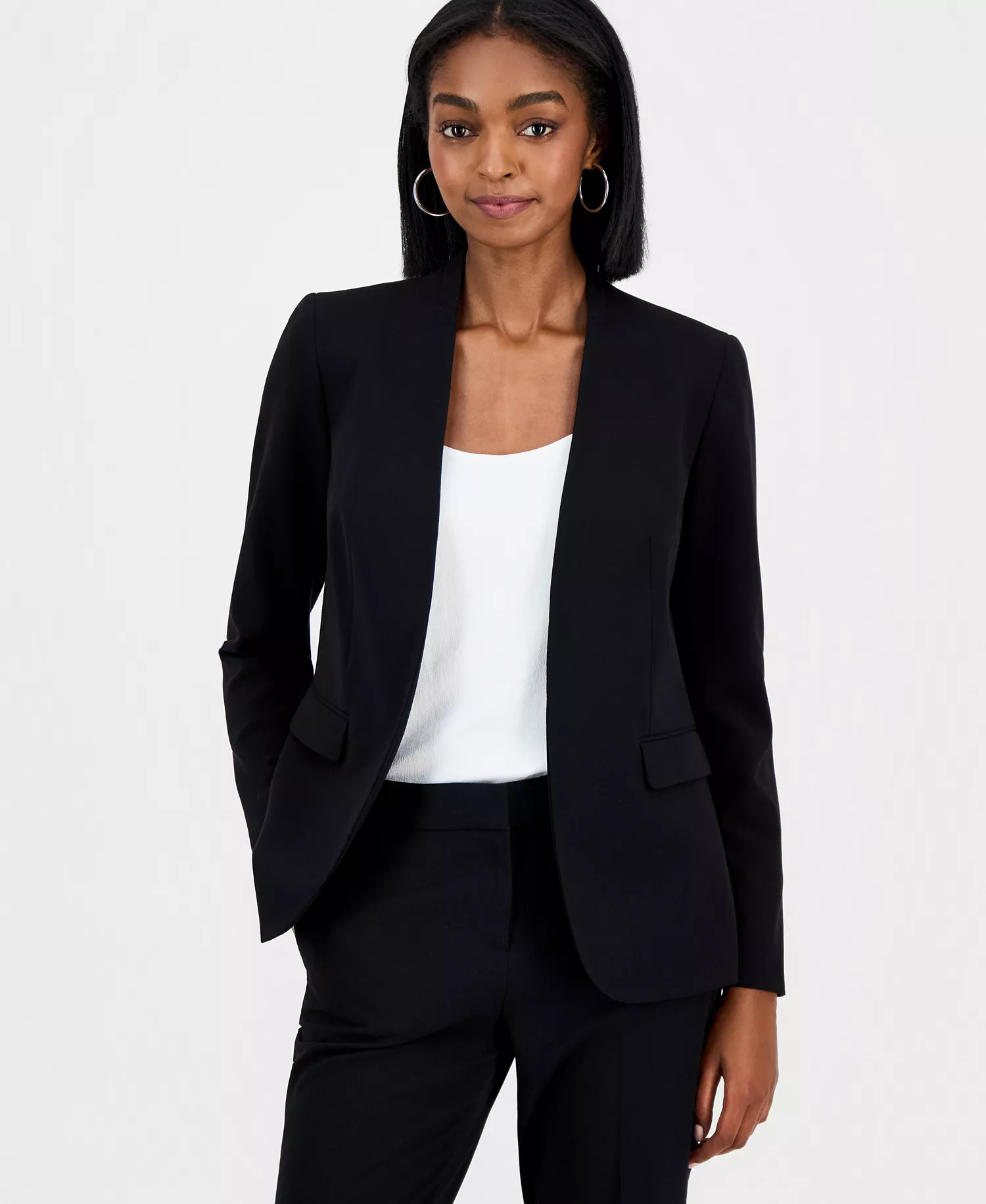 Women's Bi-Stretch Collarless Open-Front Blazer, Created for Macy's - Black - L
