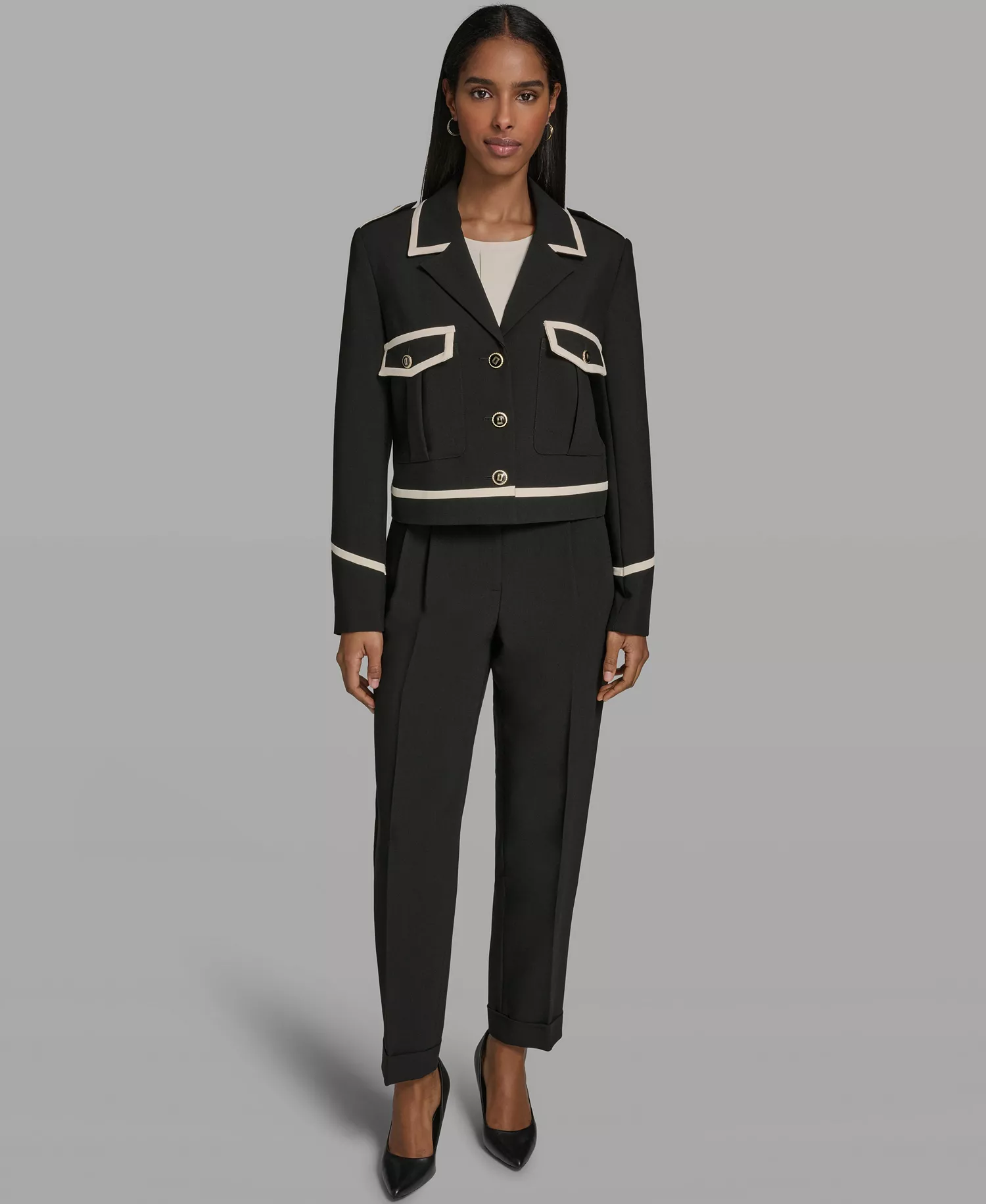 Women's Notch Lapel Cropped Jacket - Bisque/blk - 0