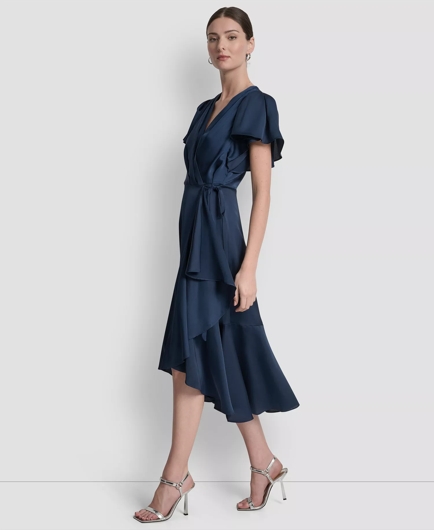 Women's Short Sleeve Faux Wrap Midi Dress - Indigo - 10