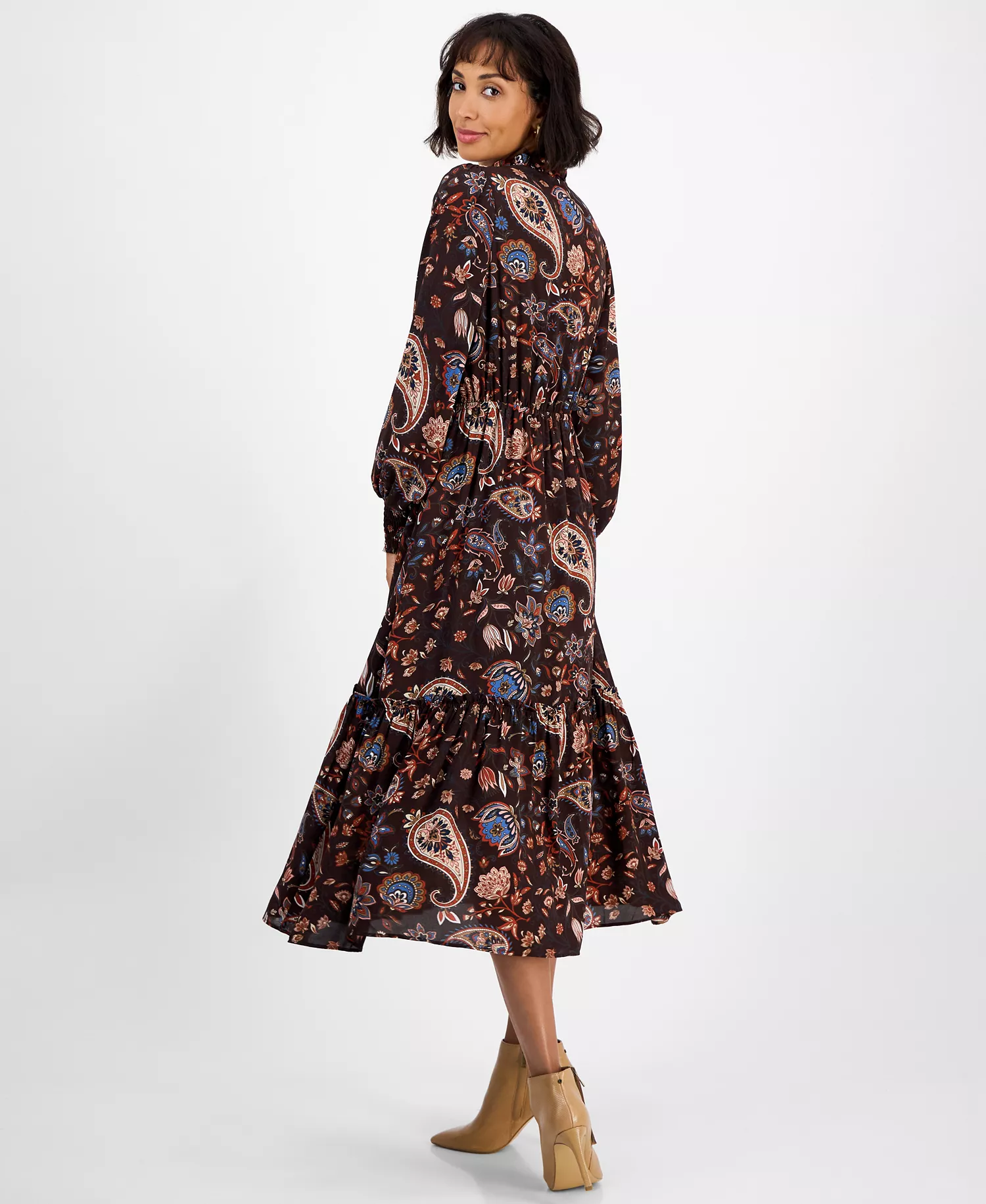 Women's Printed Split-Neck Long-Sleeve Midi Dress - Espresso Paisley Print - S
