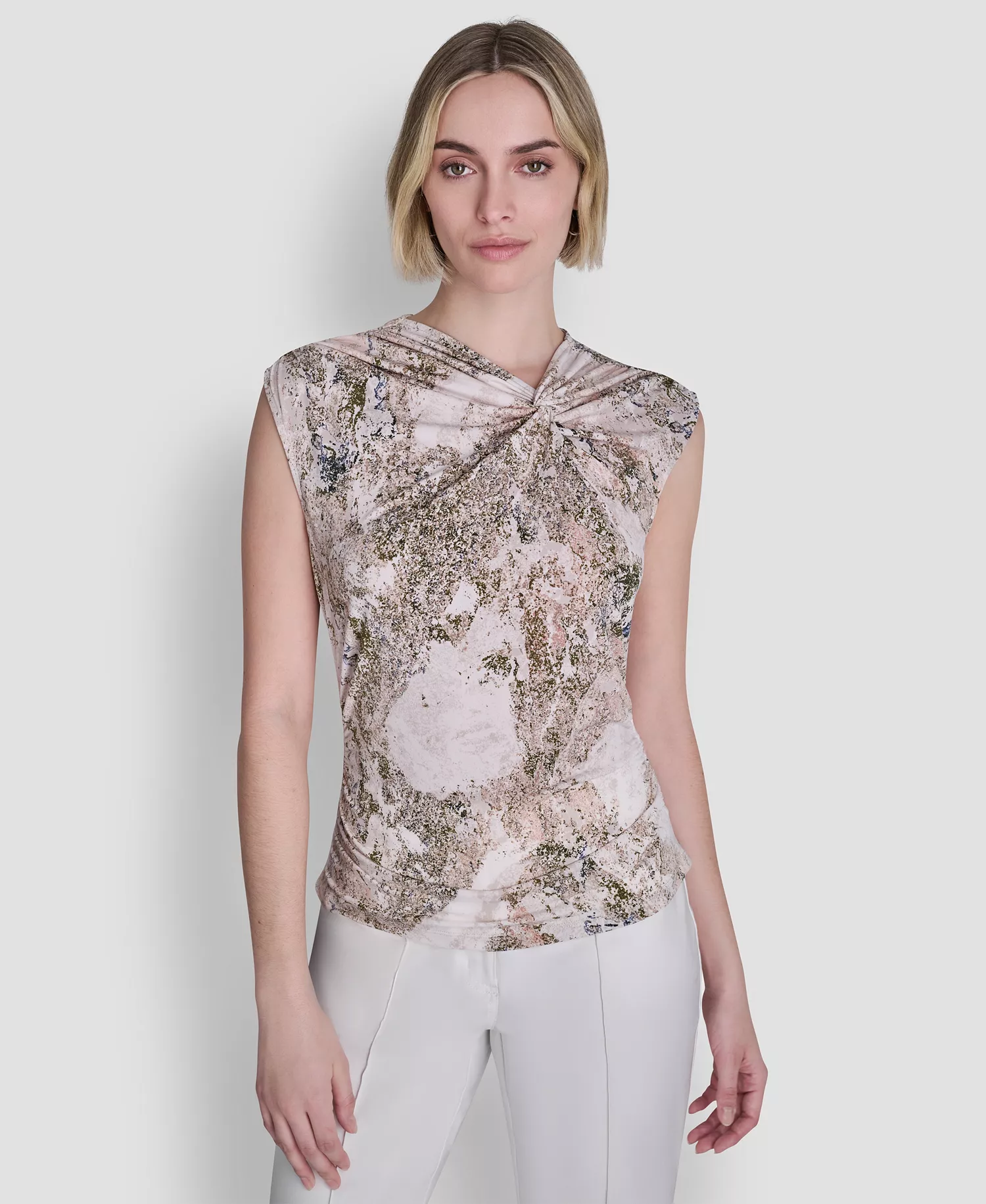 Women's Sleeveless Printed Asymmetrical Neck Knit Top - Coconut/tr - L