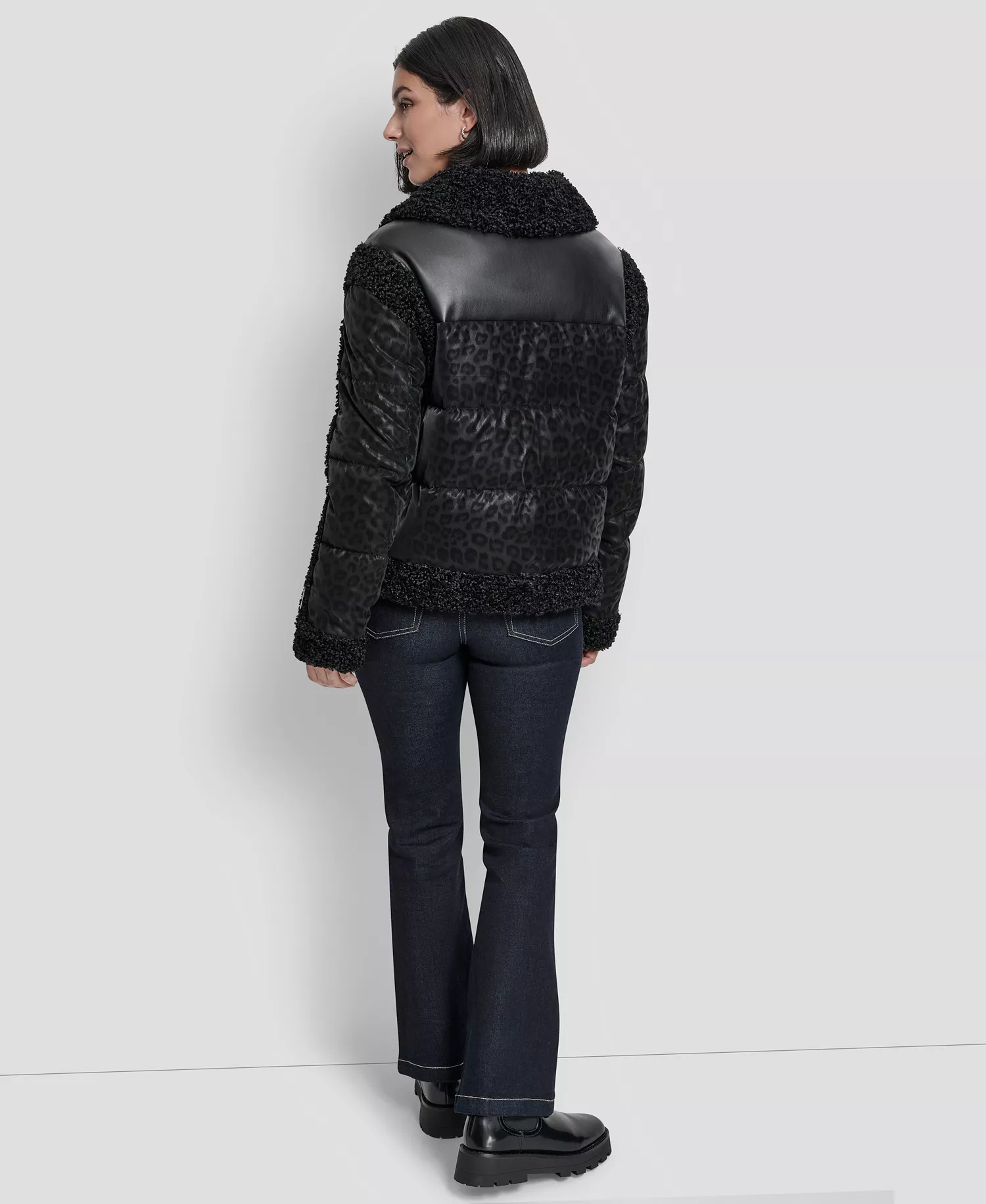 Women's Collared Mixed Media Cheetah Tech Jacket - Black - L