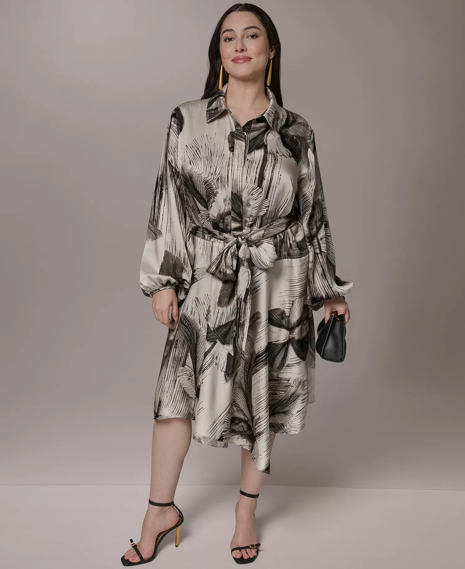 Plus Size Balloon-Sleeve Shirt Dress - Black/vellum - 14W