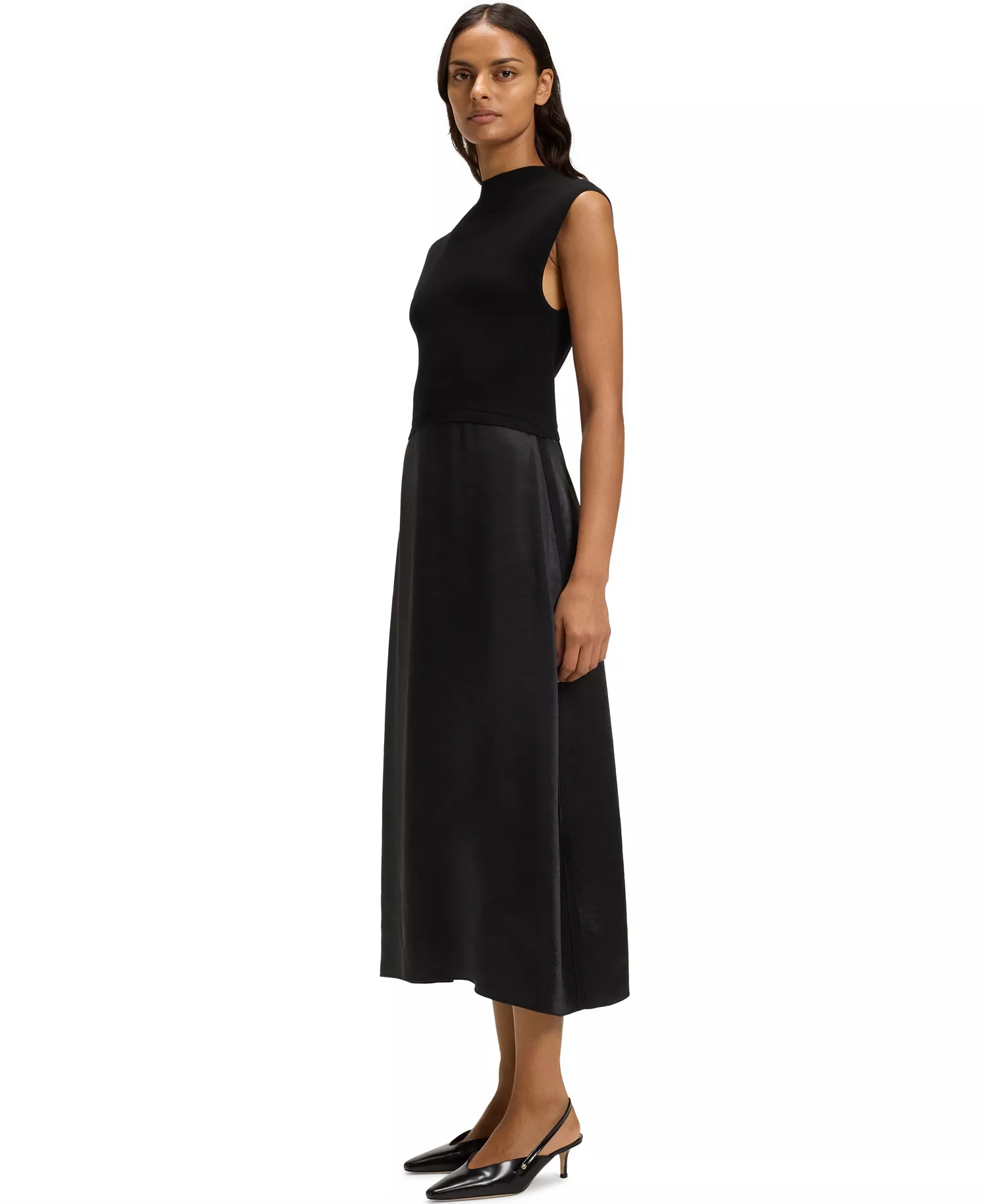 Women's Knitted Satin Dress - Black - L