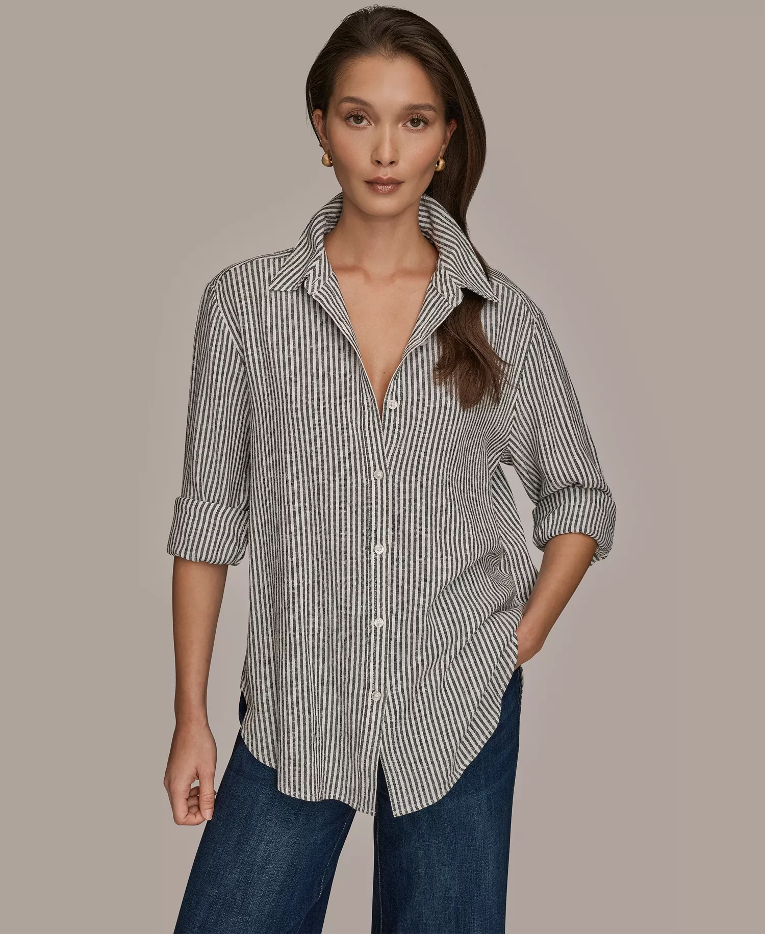 Women's Collared Button Striped Front Shirt - Thin Black Stripe - L