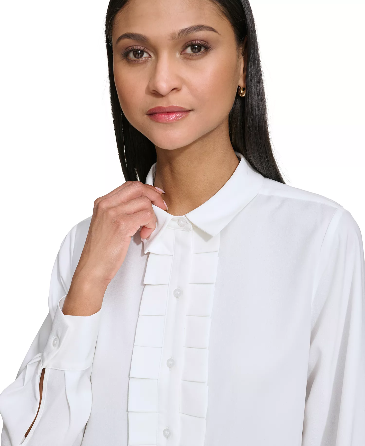 Karl Lagerfeld Women's Collared Pleat-Front Long-Sleeve Top - Soft White - L