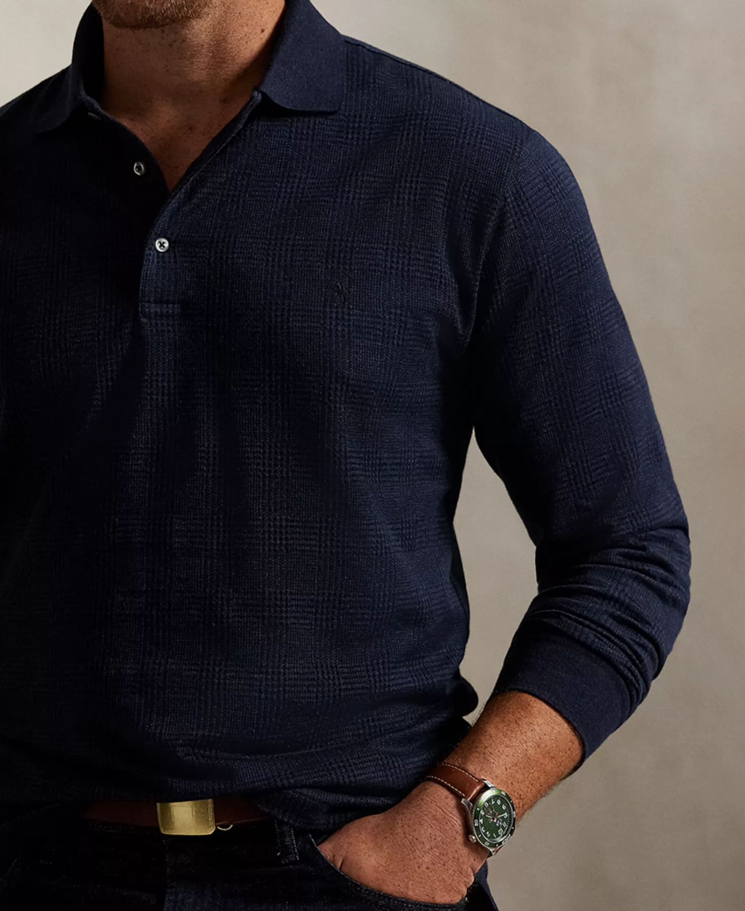 Men's Big & Tall Long-sleeved Glen Polo Shirt - Pow Jacquard Medieval Blue Heather - 4XB