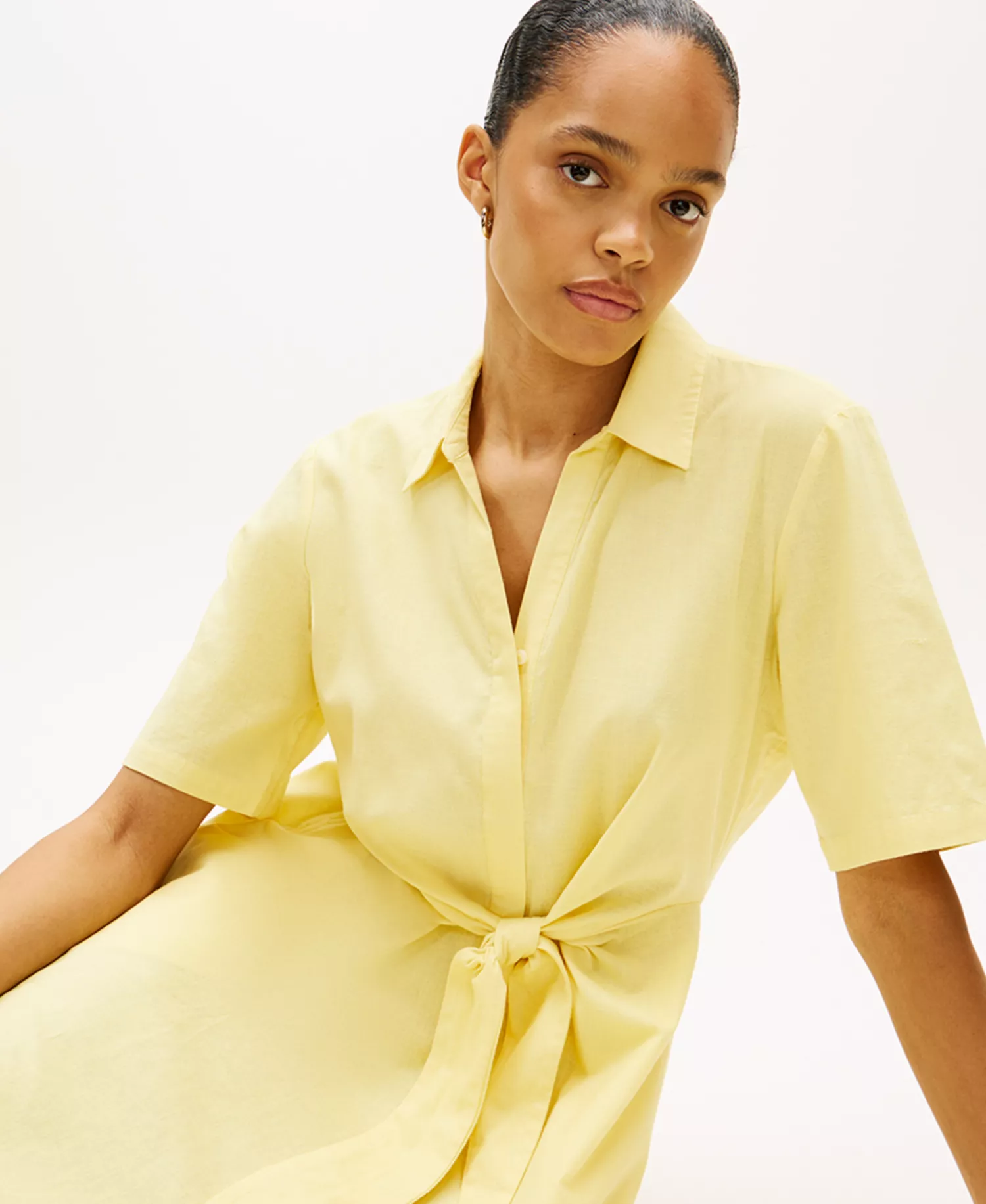 Women's Linen Belted Midi Dress - Citronella - L