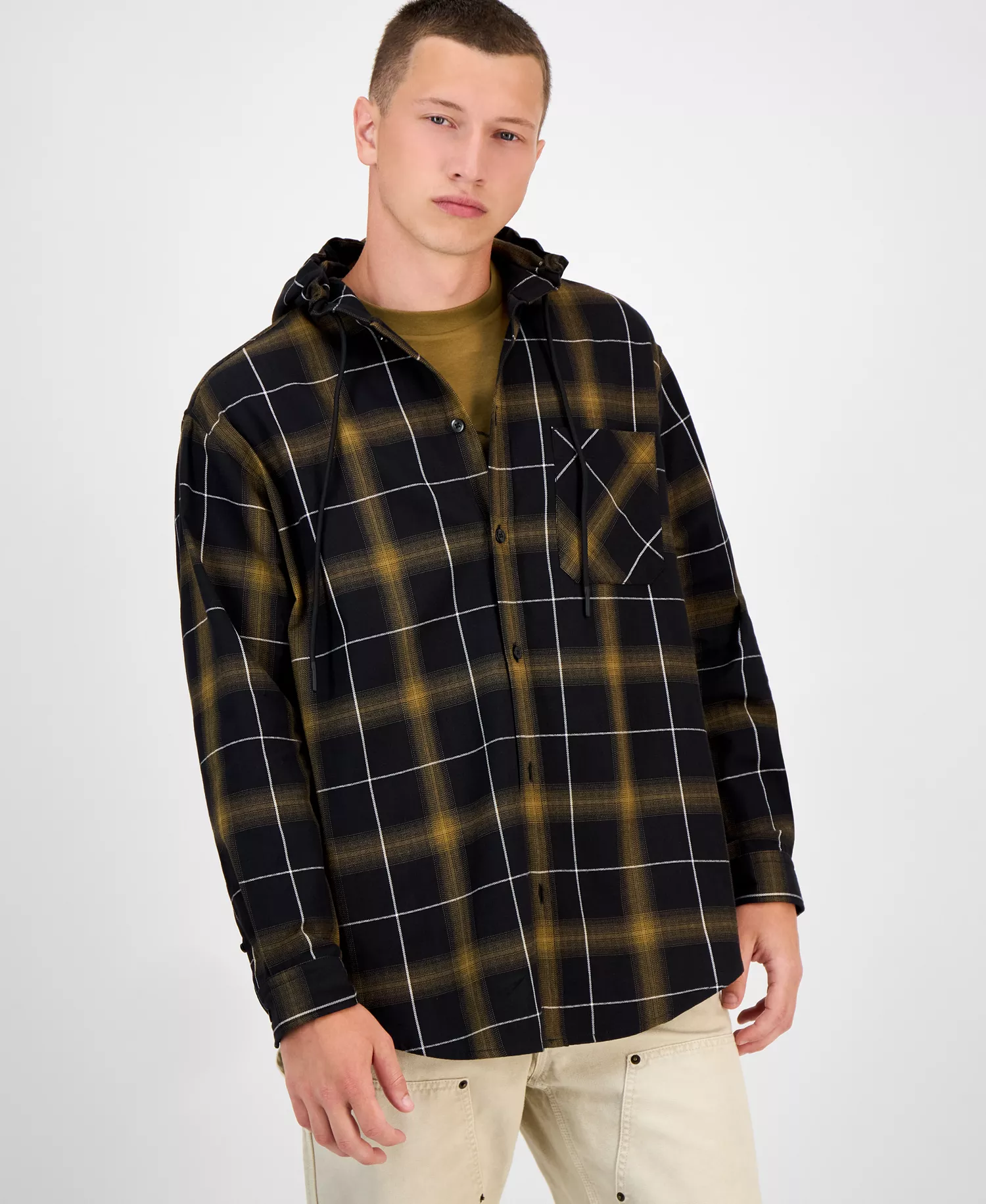 Men's Ebhood Cotton Plaid Hooded Shirt - Open Green - L