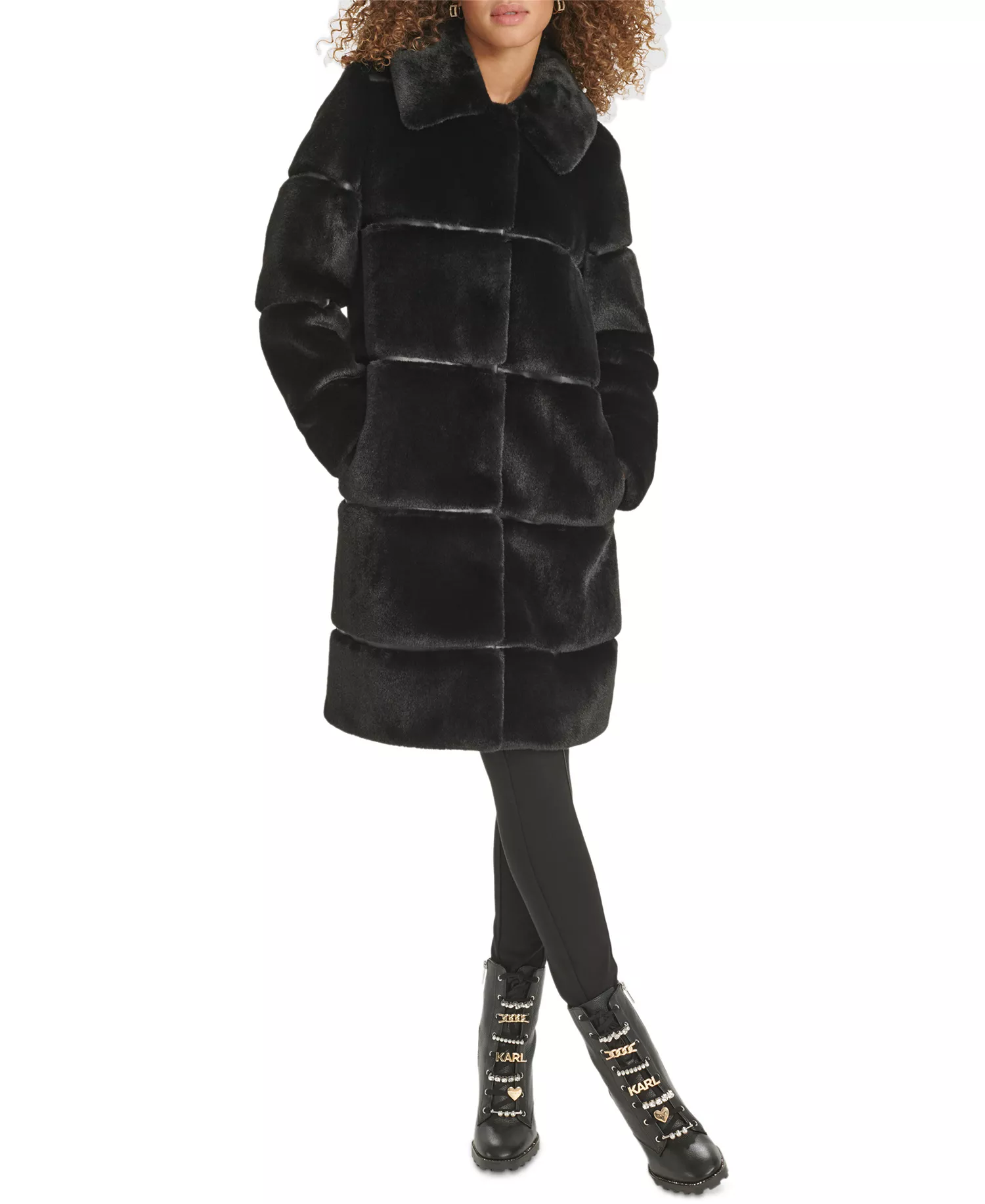 Women's Faux-Leather Trim Faux-Fur Coat - Black - L