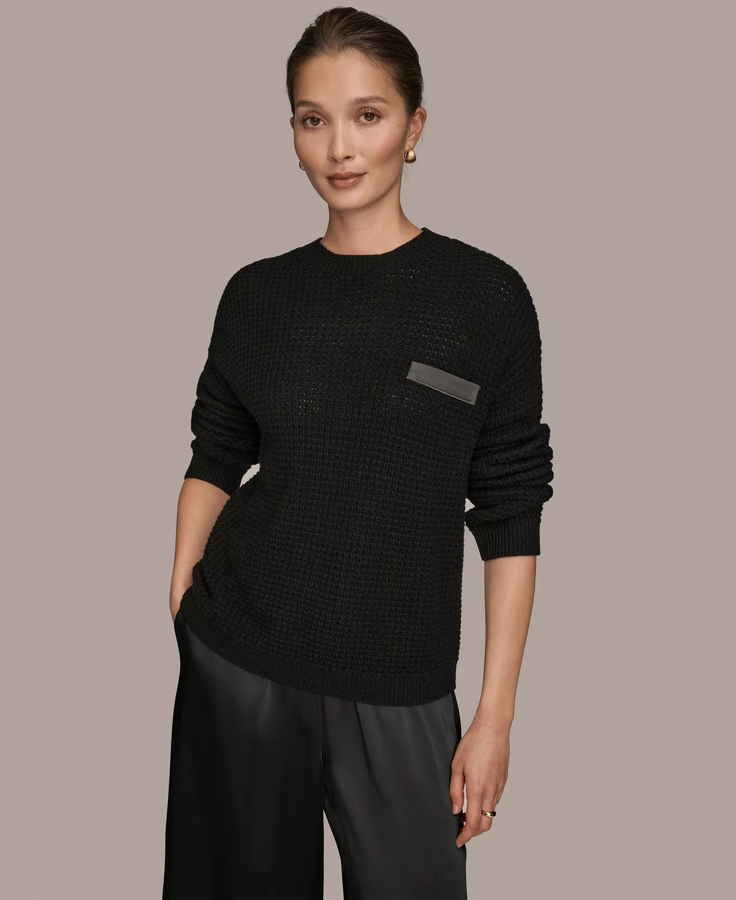 Women's Long-Sleeve Wool Cashmere Blend Waffle Stitch Sweater with Chest Pocket - Black/Silver - L