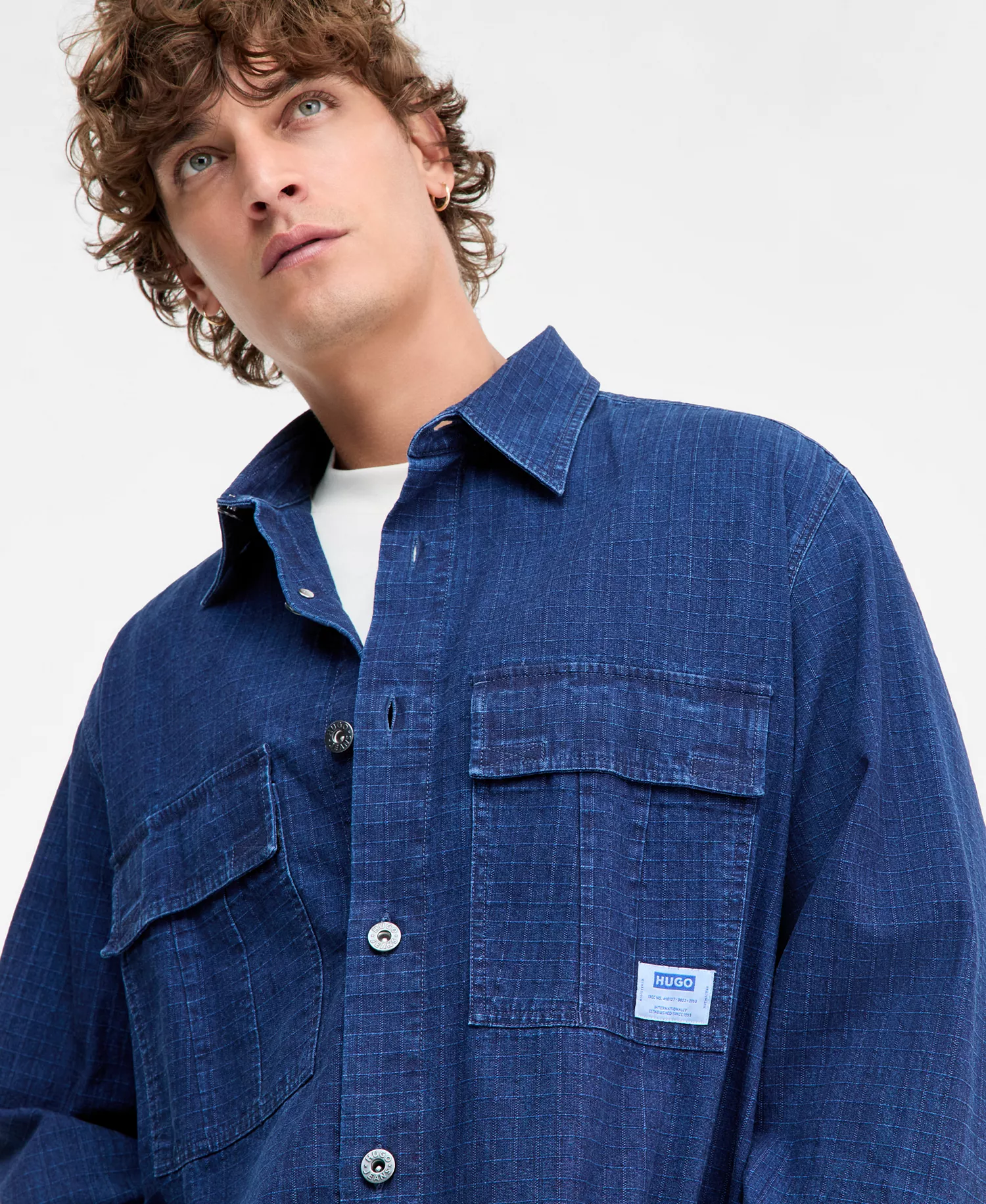 Ebargo Grid-Pattern Denim Button-Front Shirt Jacket - navy - L