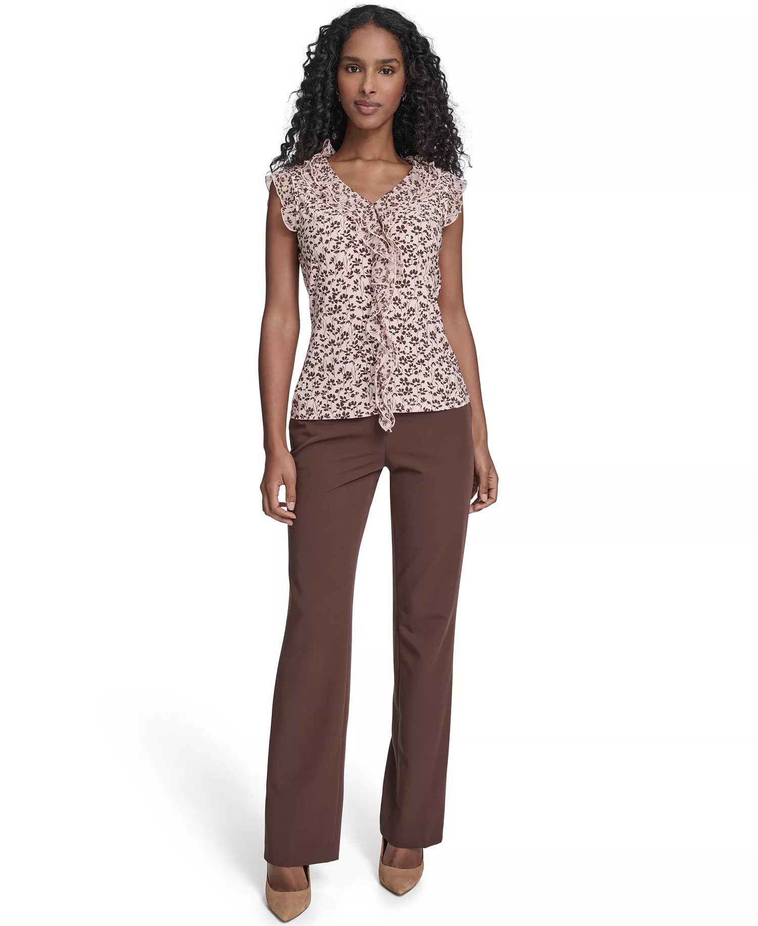 Women's Blossom Floral Mixed Media Ruffle Top - Evening Sand Multi - L