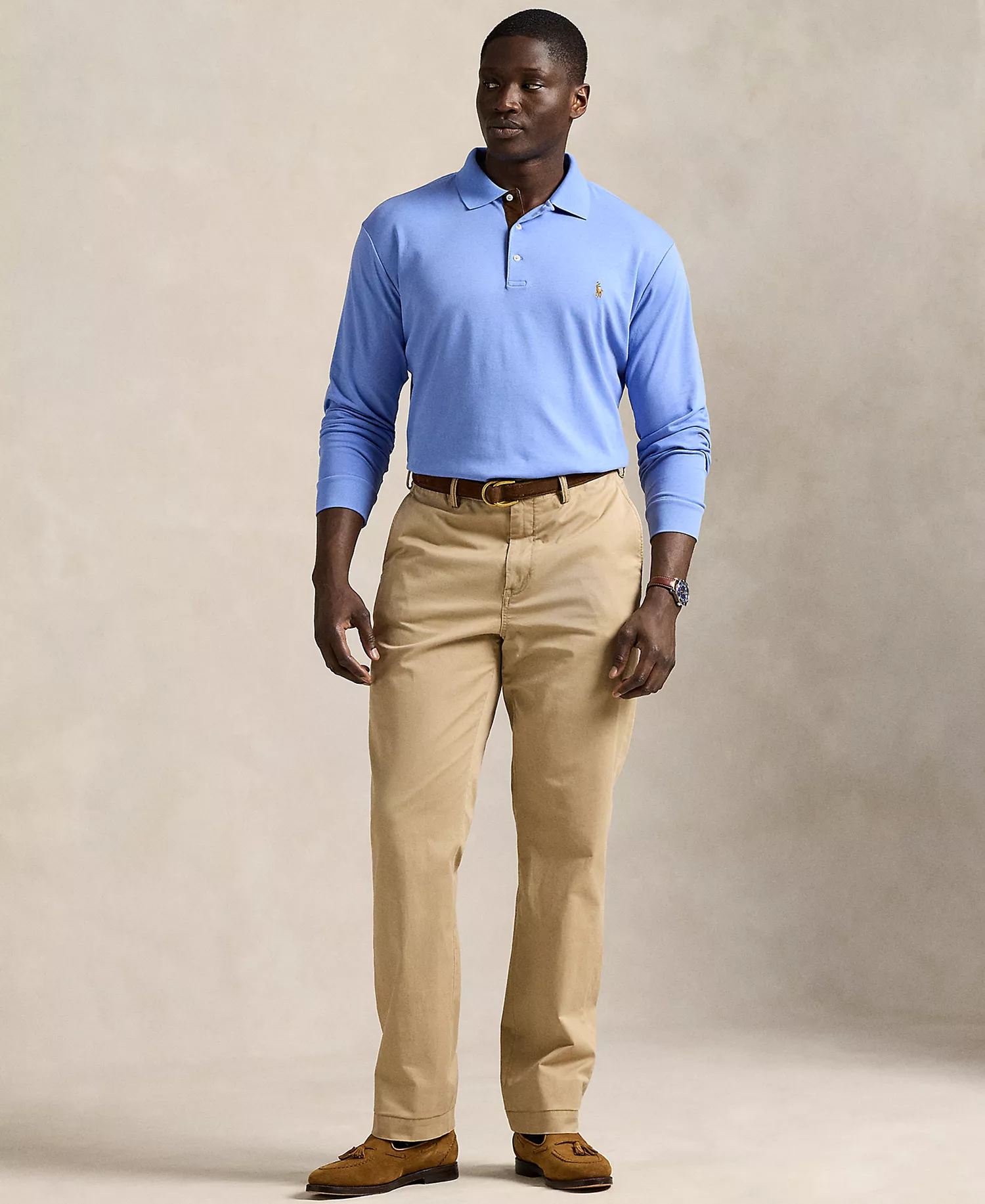 Men's Big & Tall Soft Cotton Long-Sleeve Polo Shirt - Fall Blue - 2LT