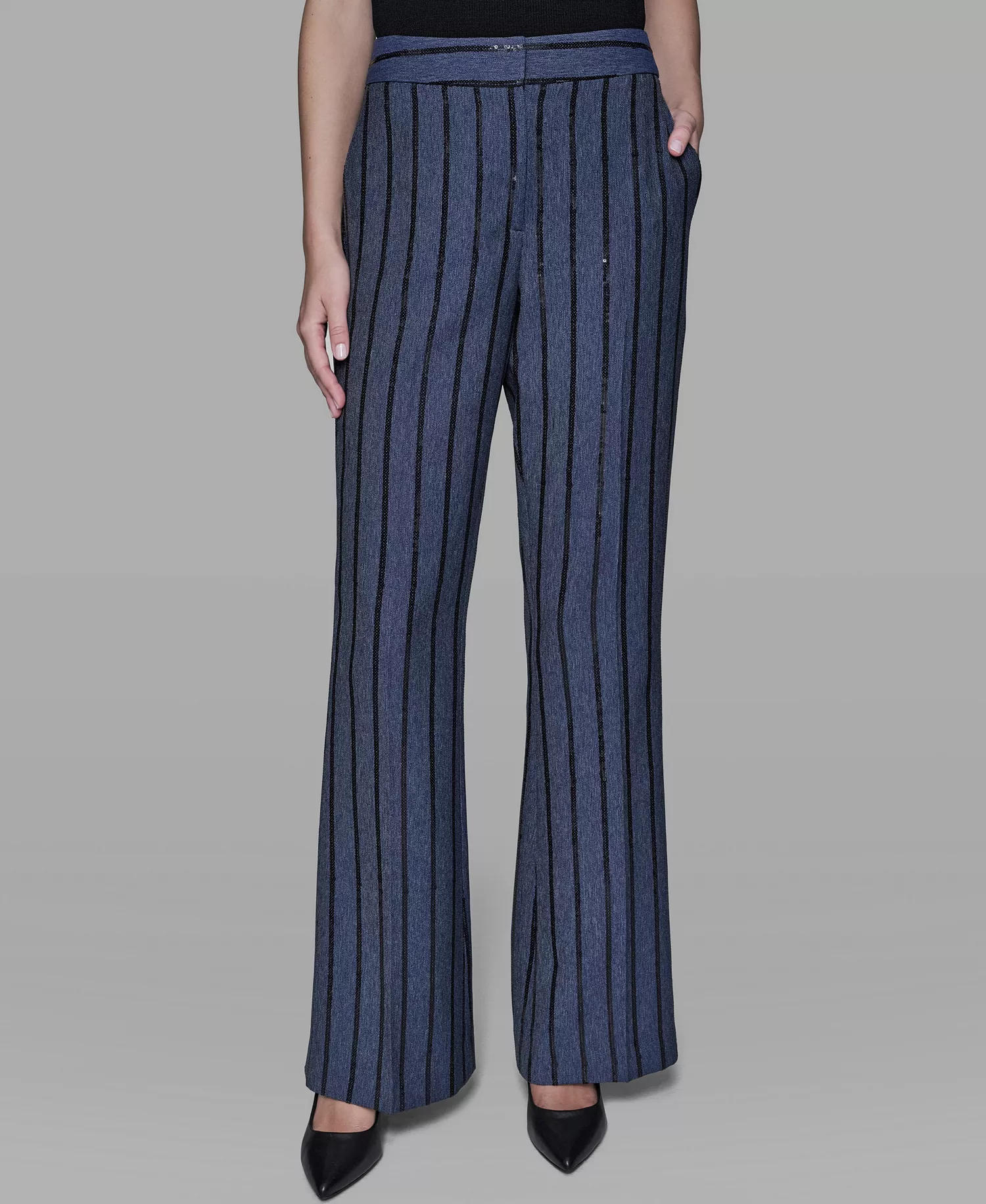 Women's Mid Rise Striped Sequin Pants - Indigo/black Stripe - 10