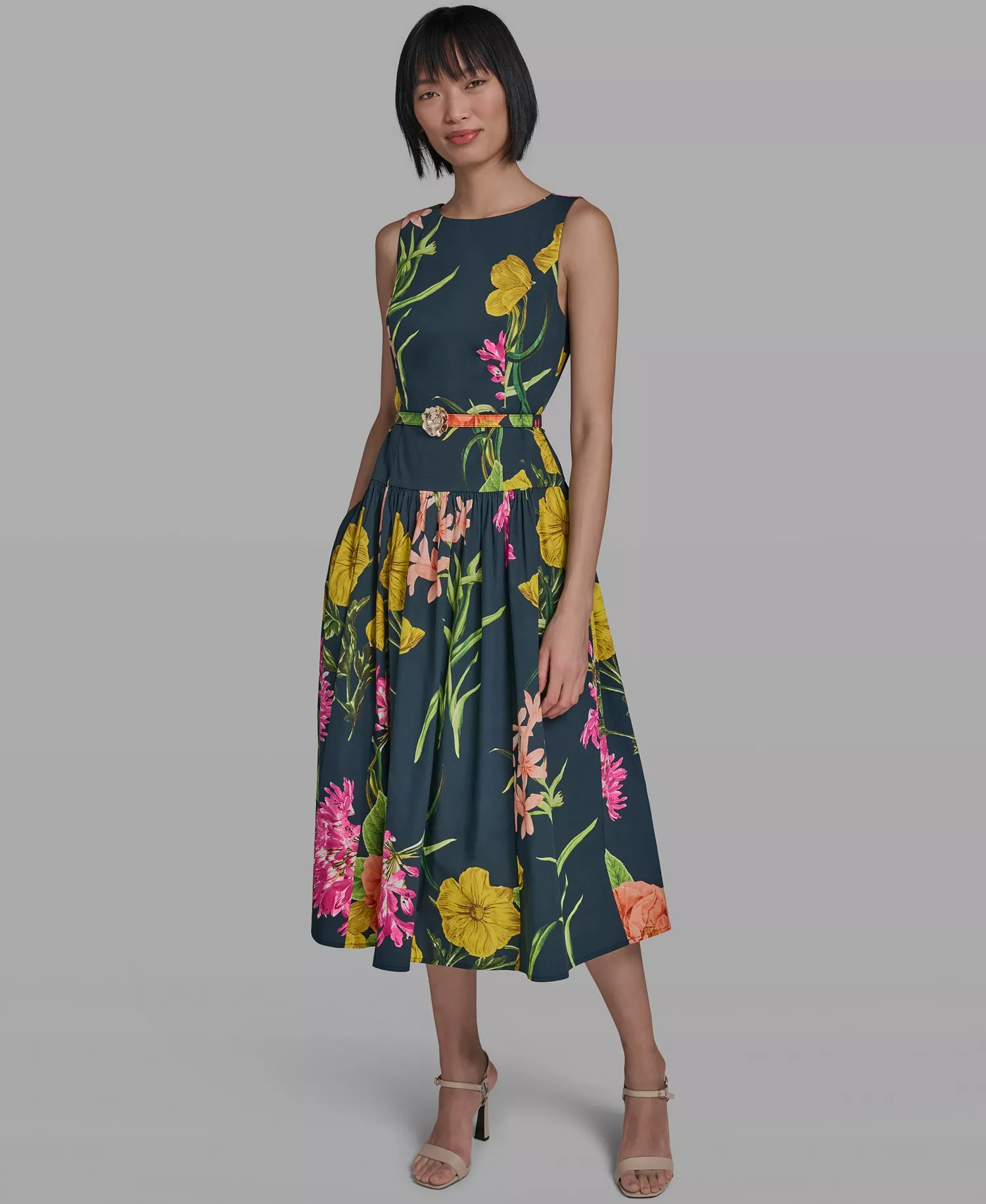 Women's Boat-Neck Belted Sleeveless Dress - Marine/Pink Sherbet Combo - 0