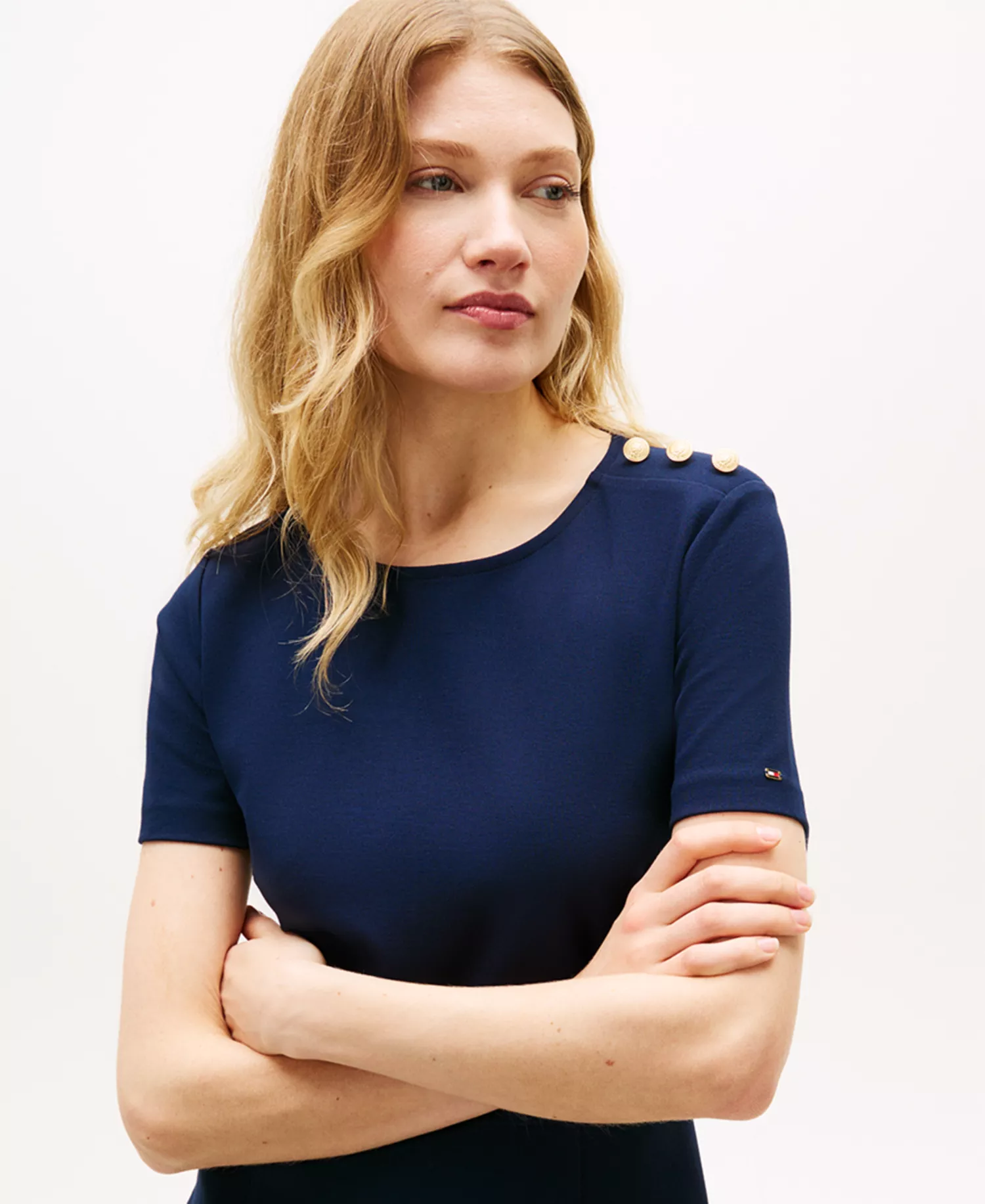 Women's Pleated Short-Sleeve Dress - Dark Night - L