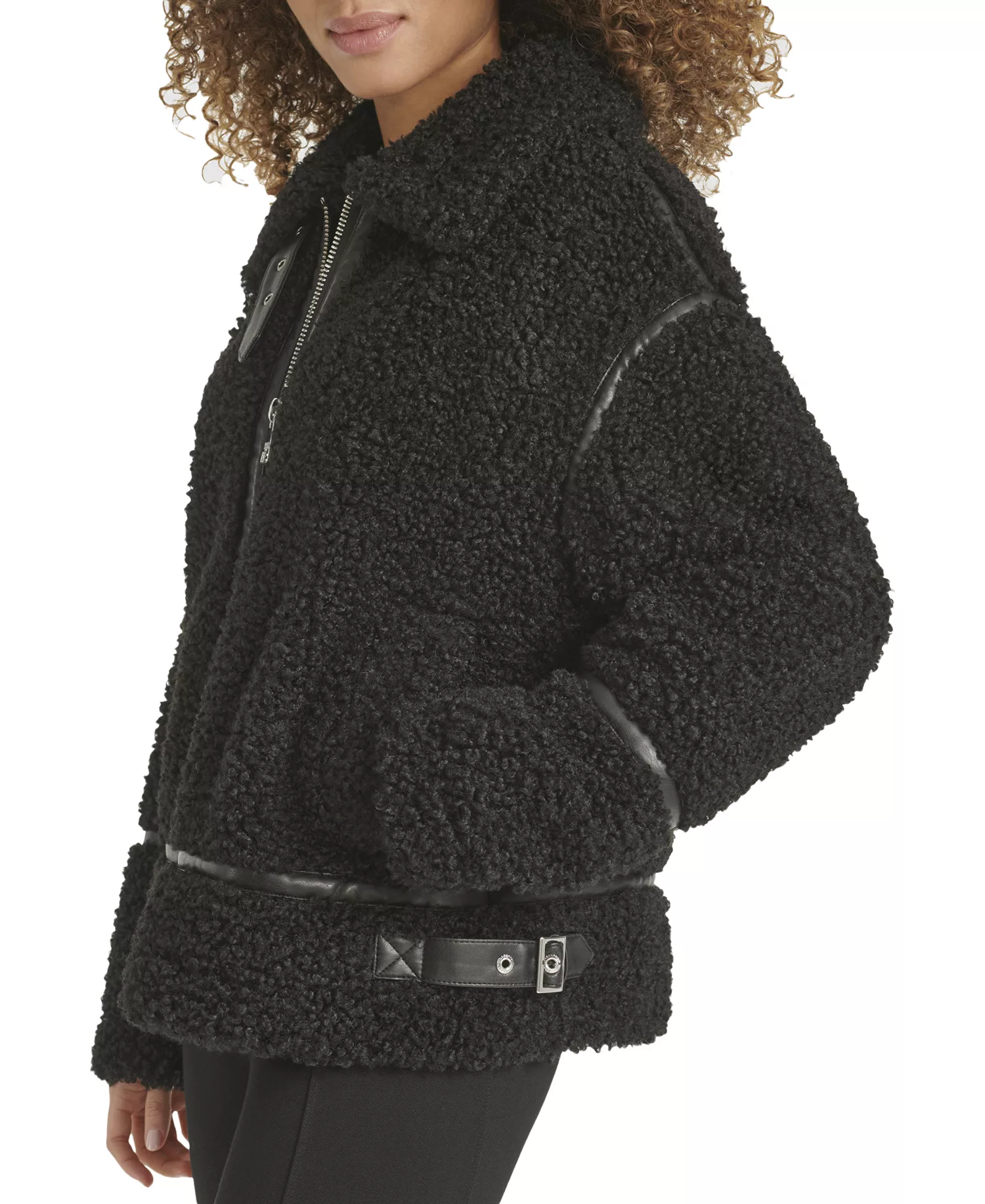 Women's Faux-Leather-Trim Teddy Moto Coat - Black - L