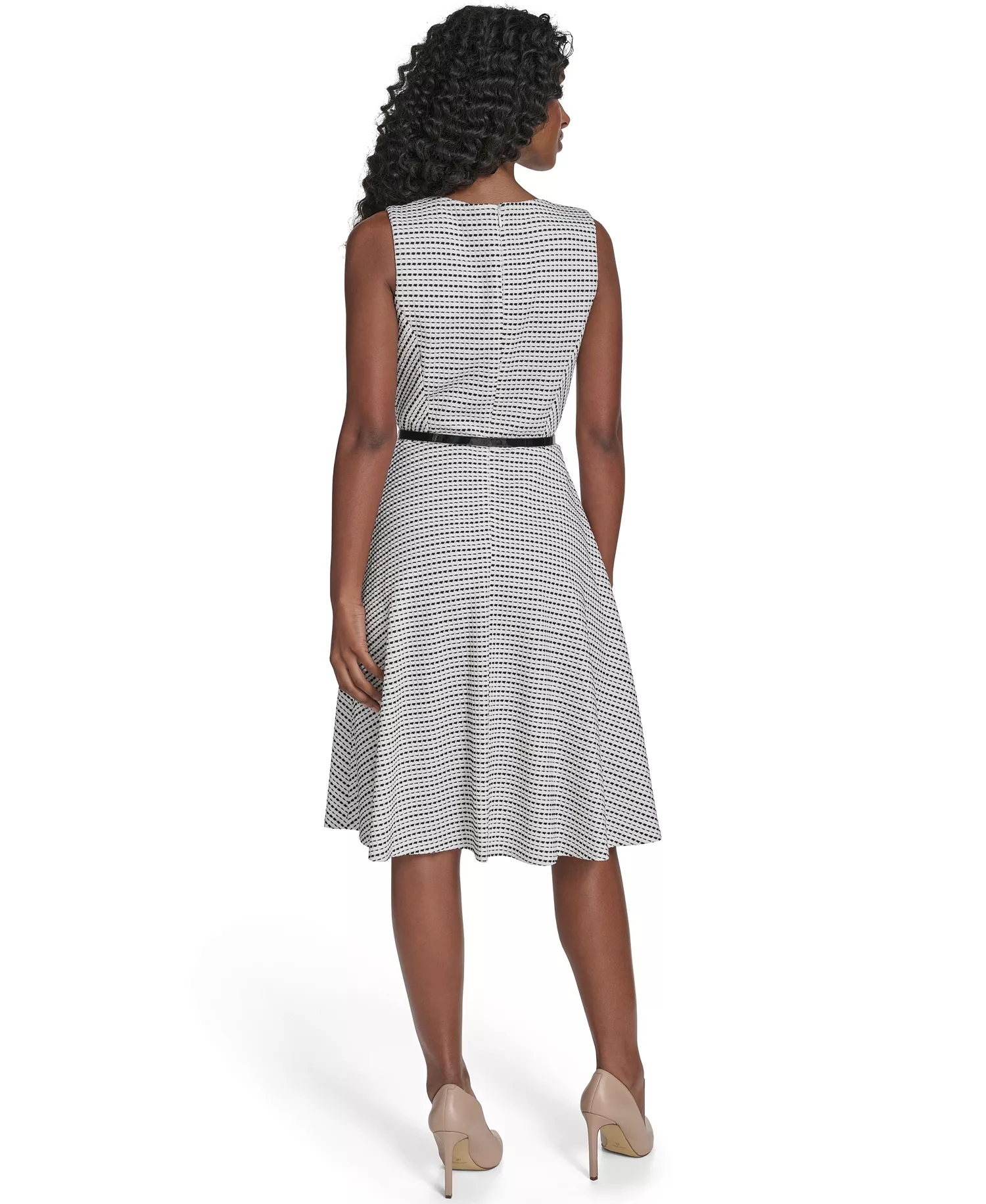 Women's Sleeveless Pick Stitch Knit Belted Midi Dress - Ivory/Black - 10