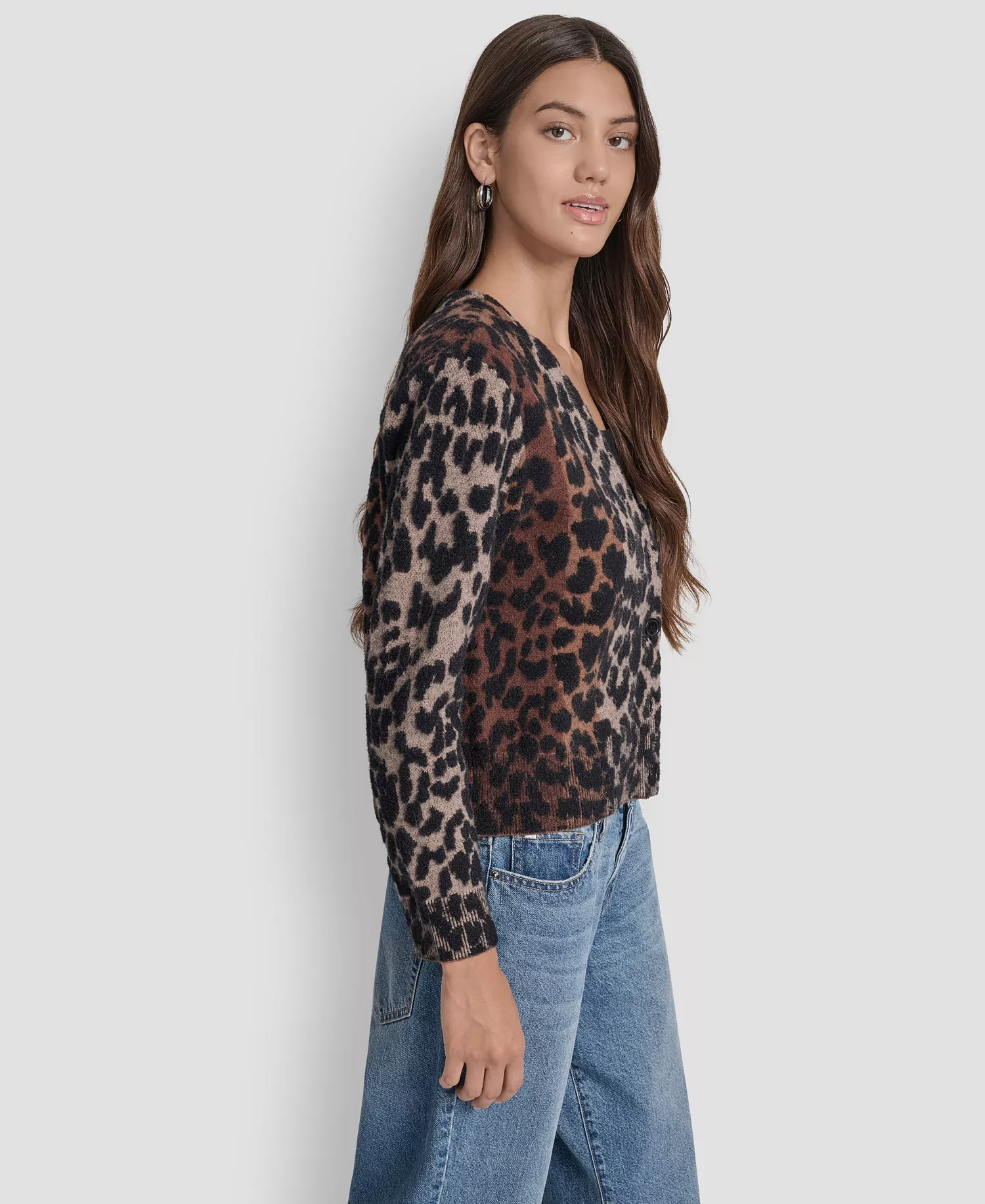 Women's Long Sleeves Leopard Print Cardigan Sweater - Burnt Sugar Combo - L