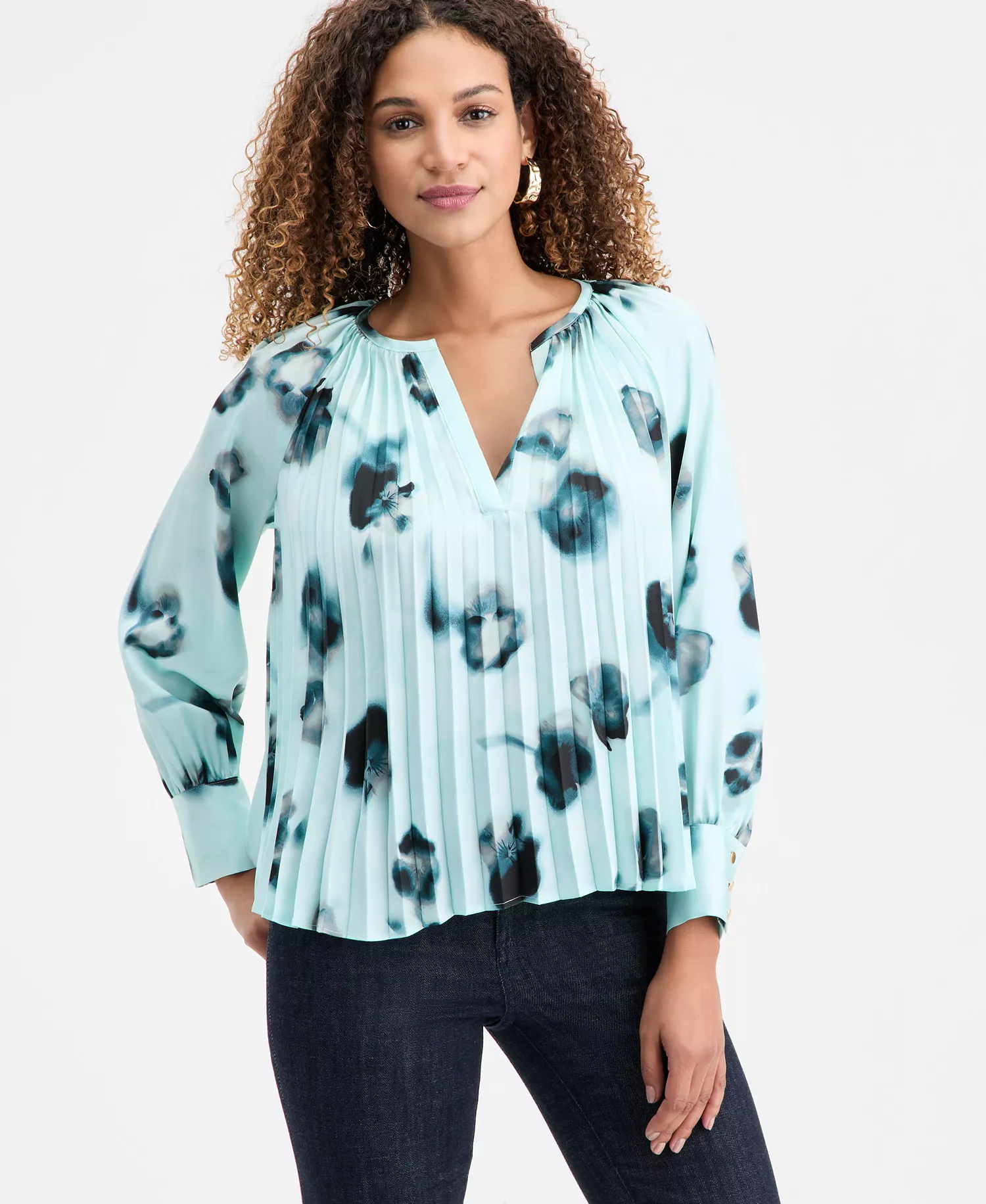 I.N.C. Concepts Women's Long Sleeve Printed Pleated Blouse, Macy's Exclusive - Millie Garden - L