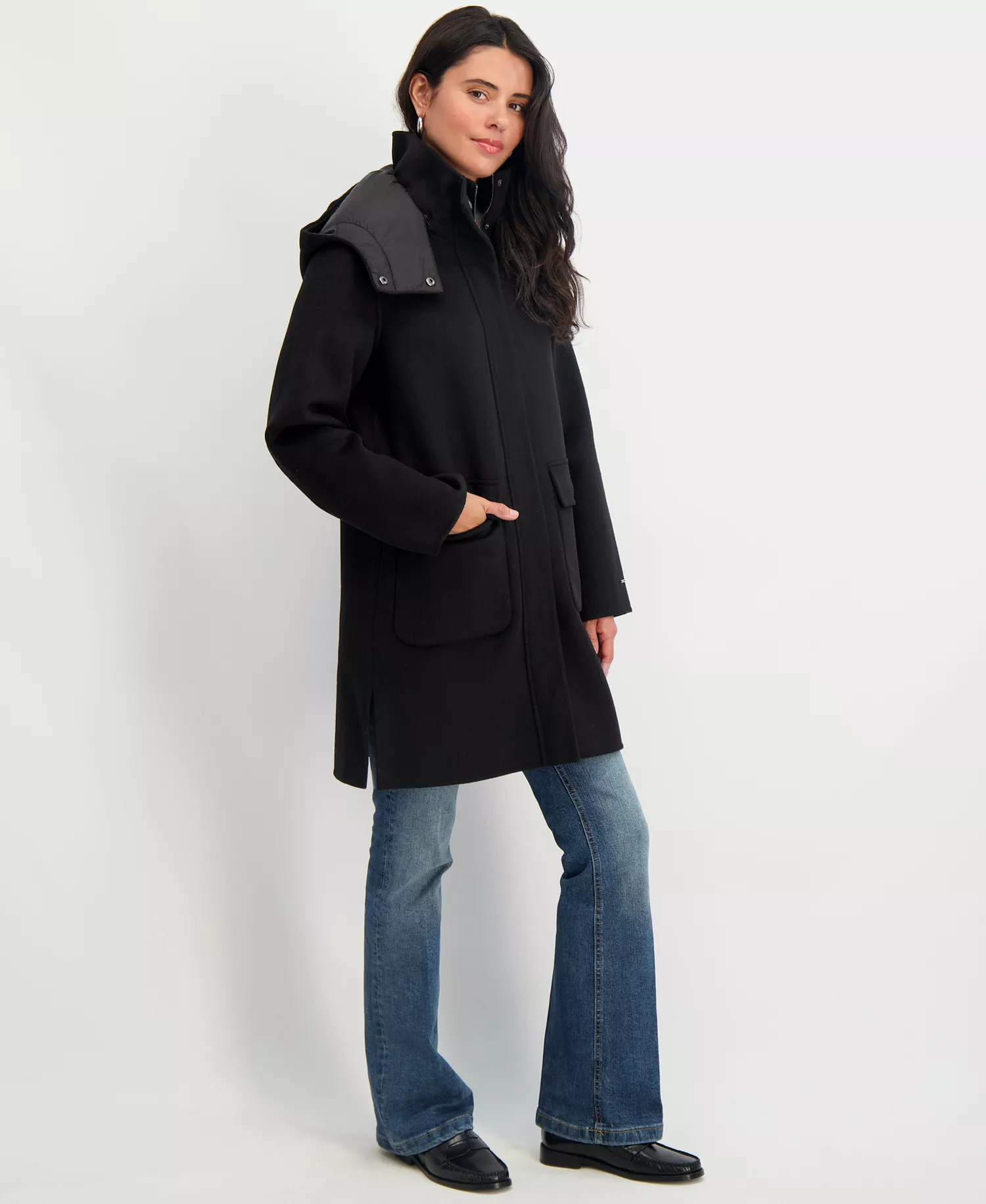 Women's Hooded Zip-Front Coat - Black - L