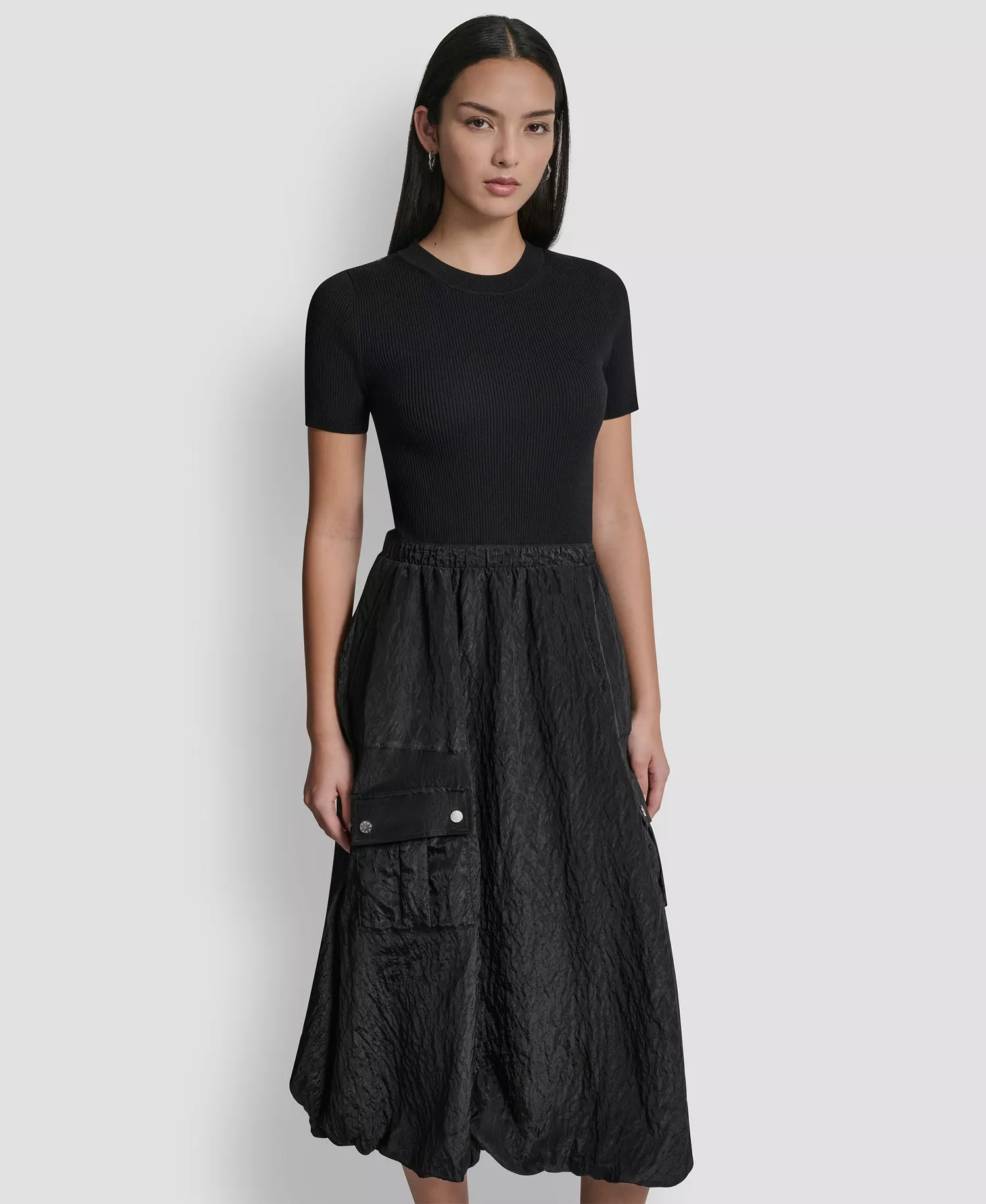 Women's Mix Media Cargo Pocket Sweater Dress - Black - L