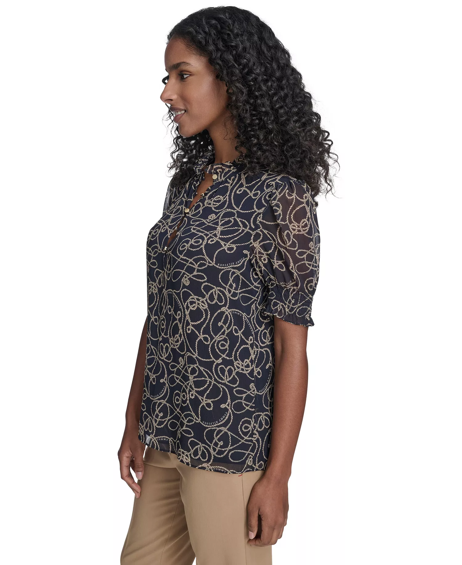 Women's Rope Print Ruffle Mock Neck Blouse - Midnight/ Irish Cream - L