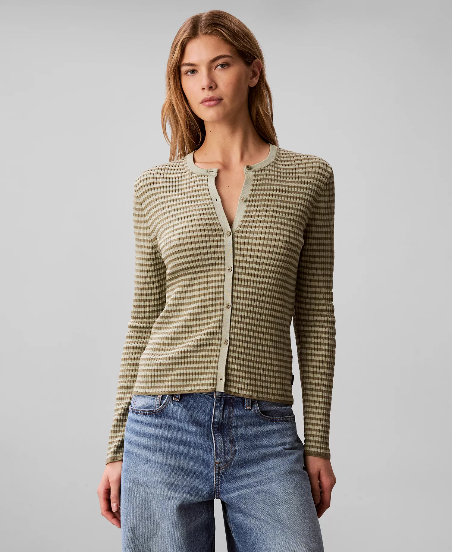 Women's Striped Long-Sleeve Sweater - Deep Lichen Green - L