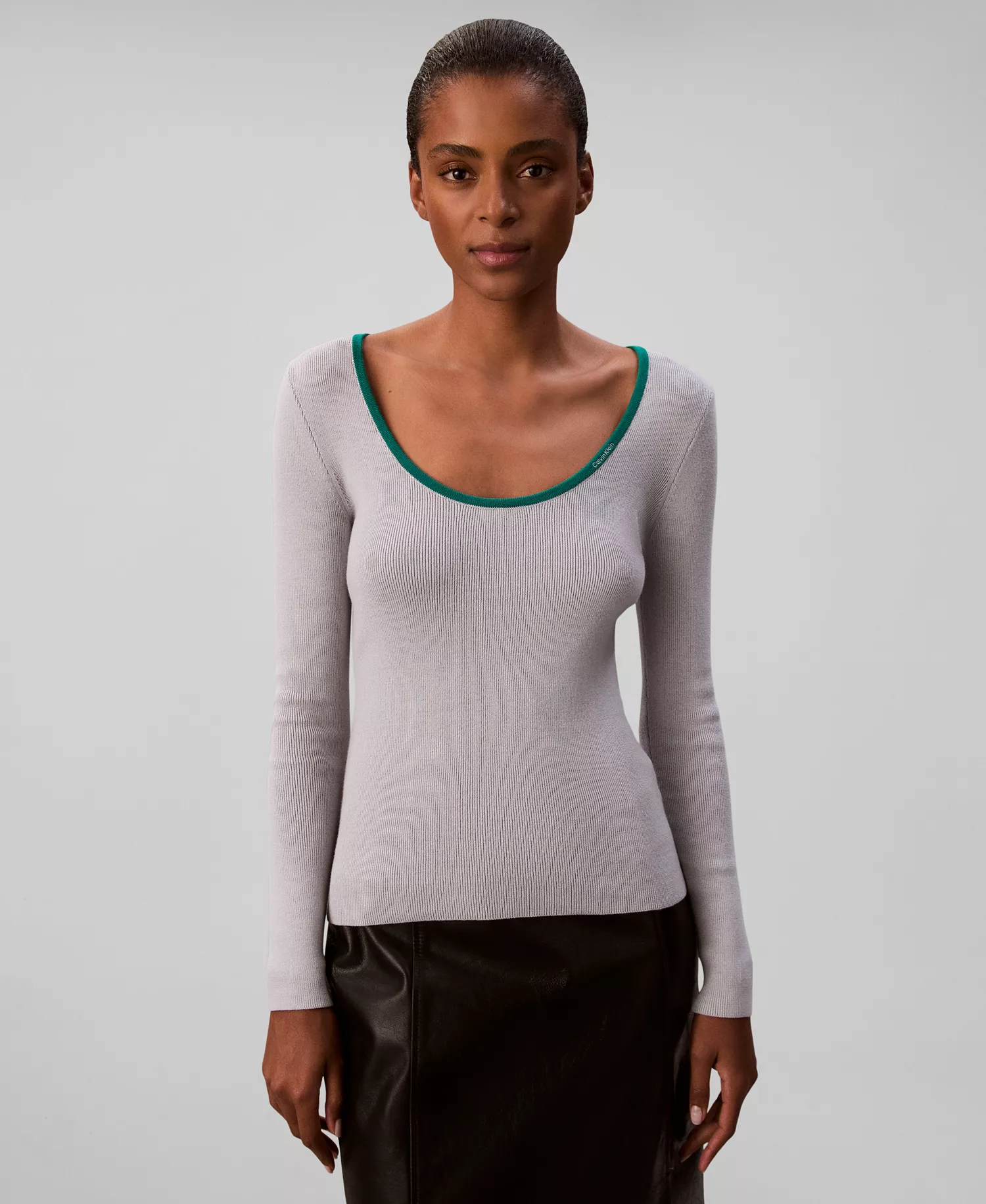 Women's Long Sleeve Top - Grey with/Green Trim - L