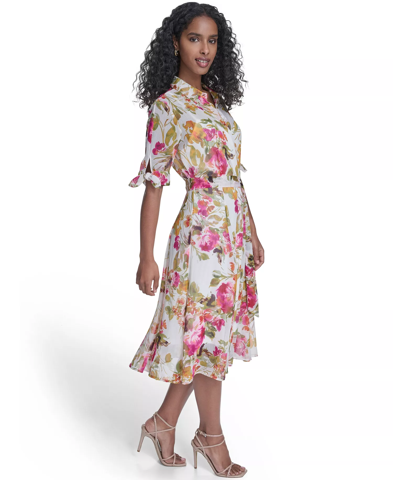 Women's Tie-Sleeve Printed Midi Dress - Berry Multi - 10