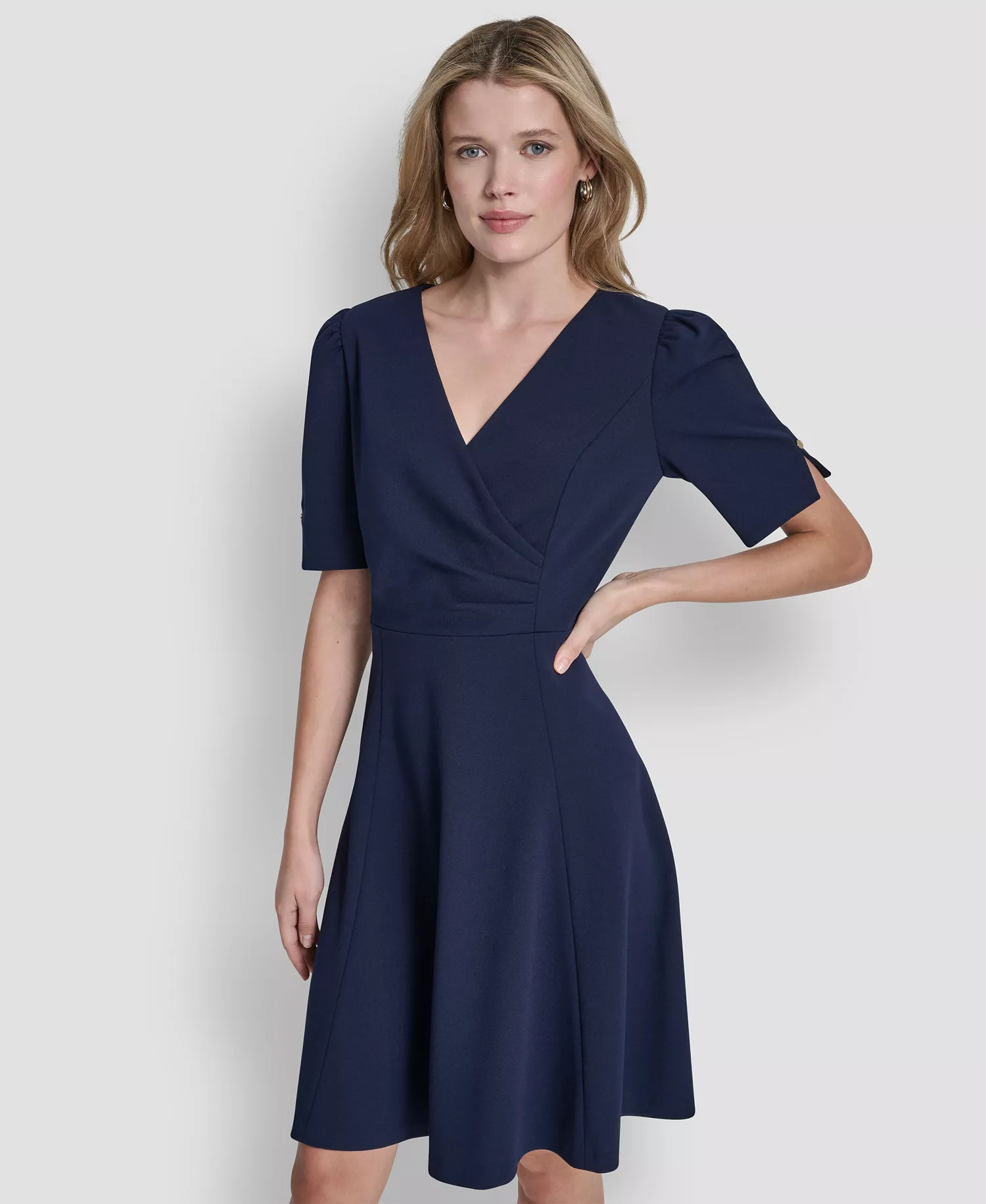Women's Short-Sleeve V-Neck Fit and Flare Scuba Crepe Dress - Spring Navy - 10