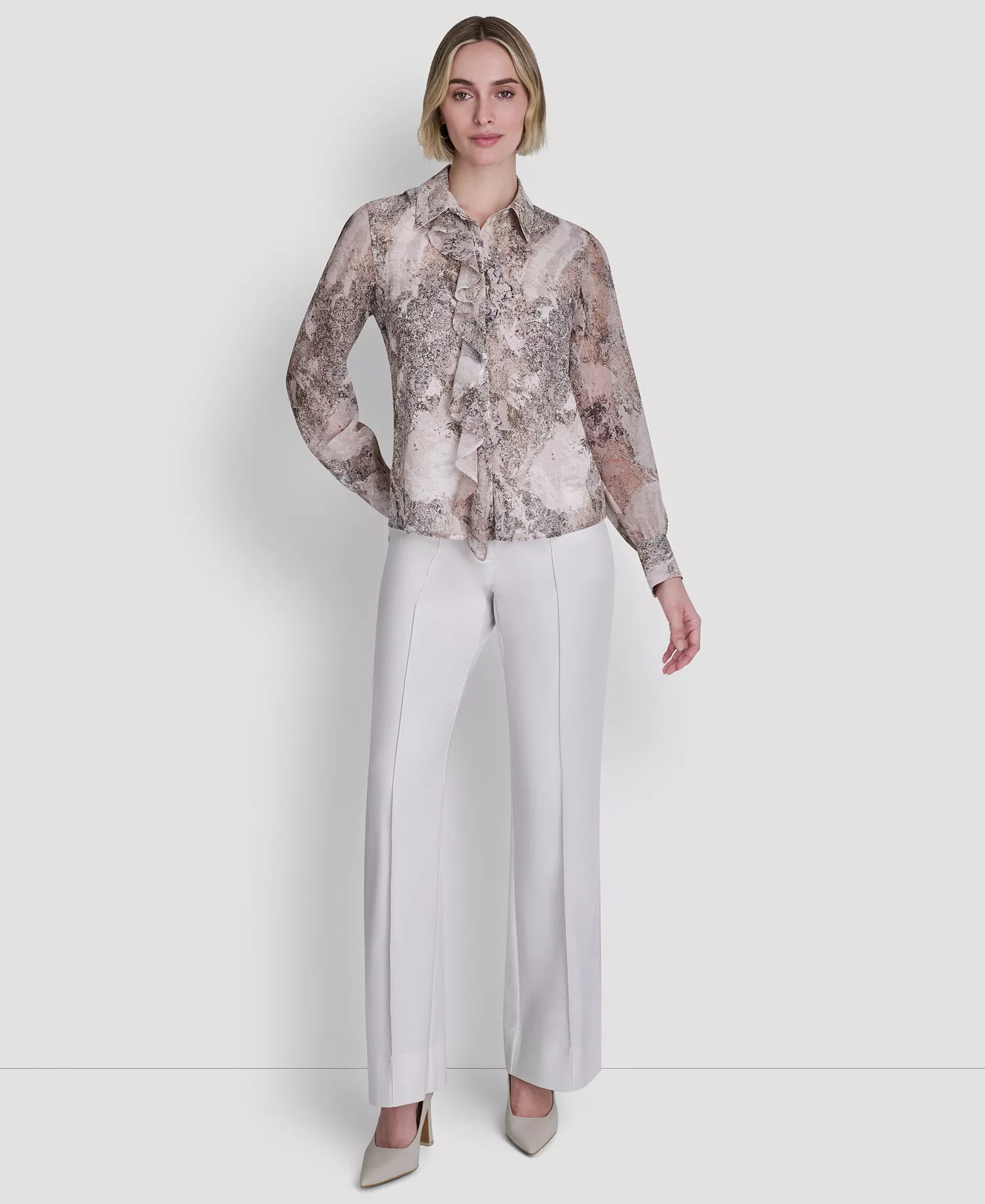 Women's Printed Ruffle Front Long-Sleeve Collared Blouse - Coconut / Travertine Multi - L