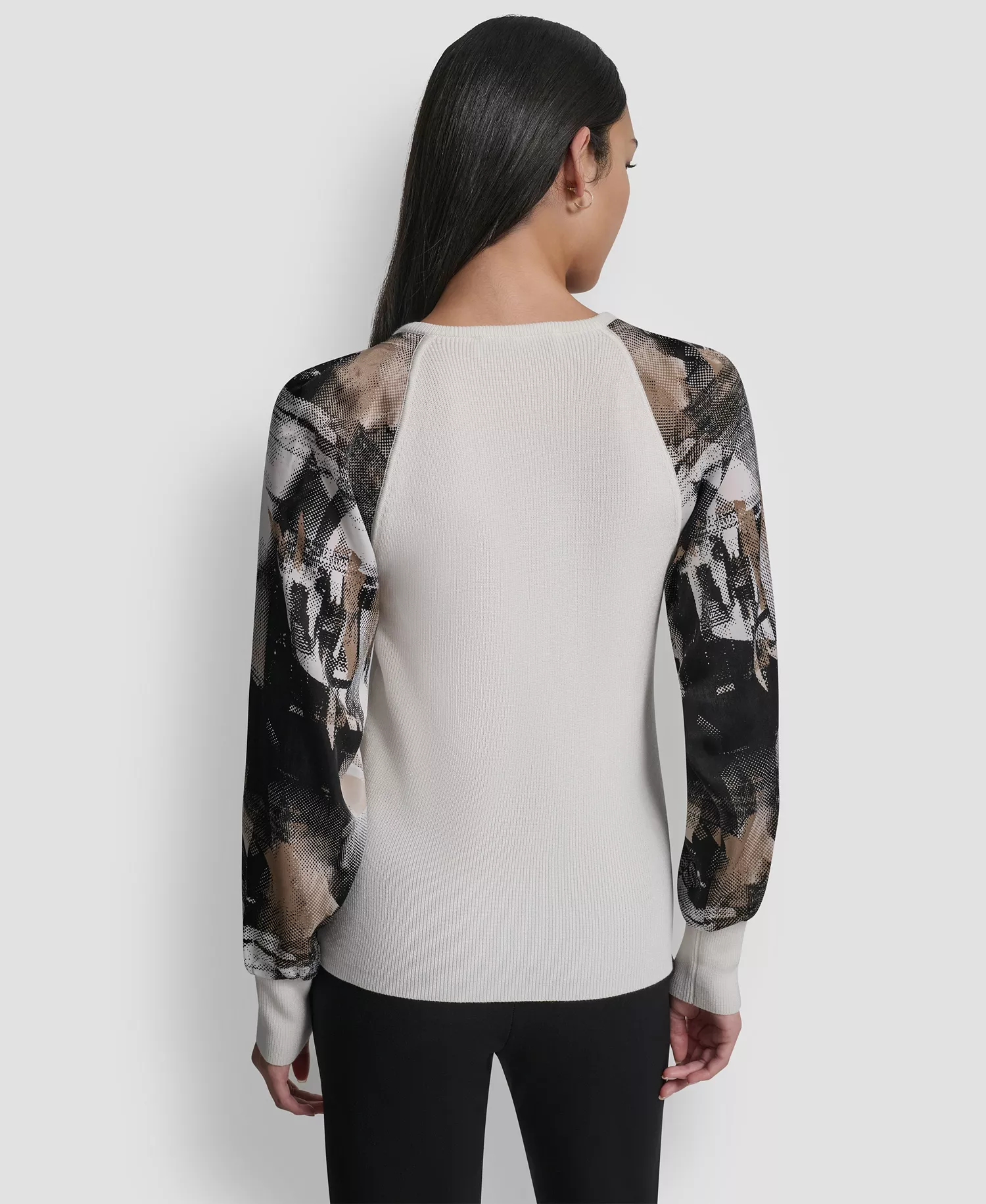 Women's Printed Organza-Sleeve V-Neck Shirt - Ivory Skyline Collage - L