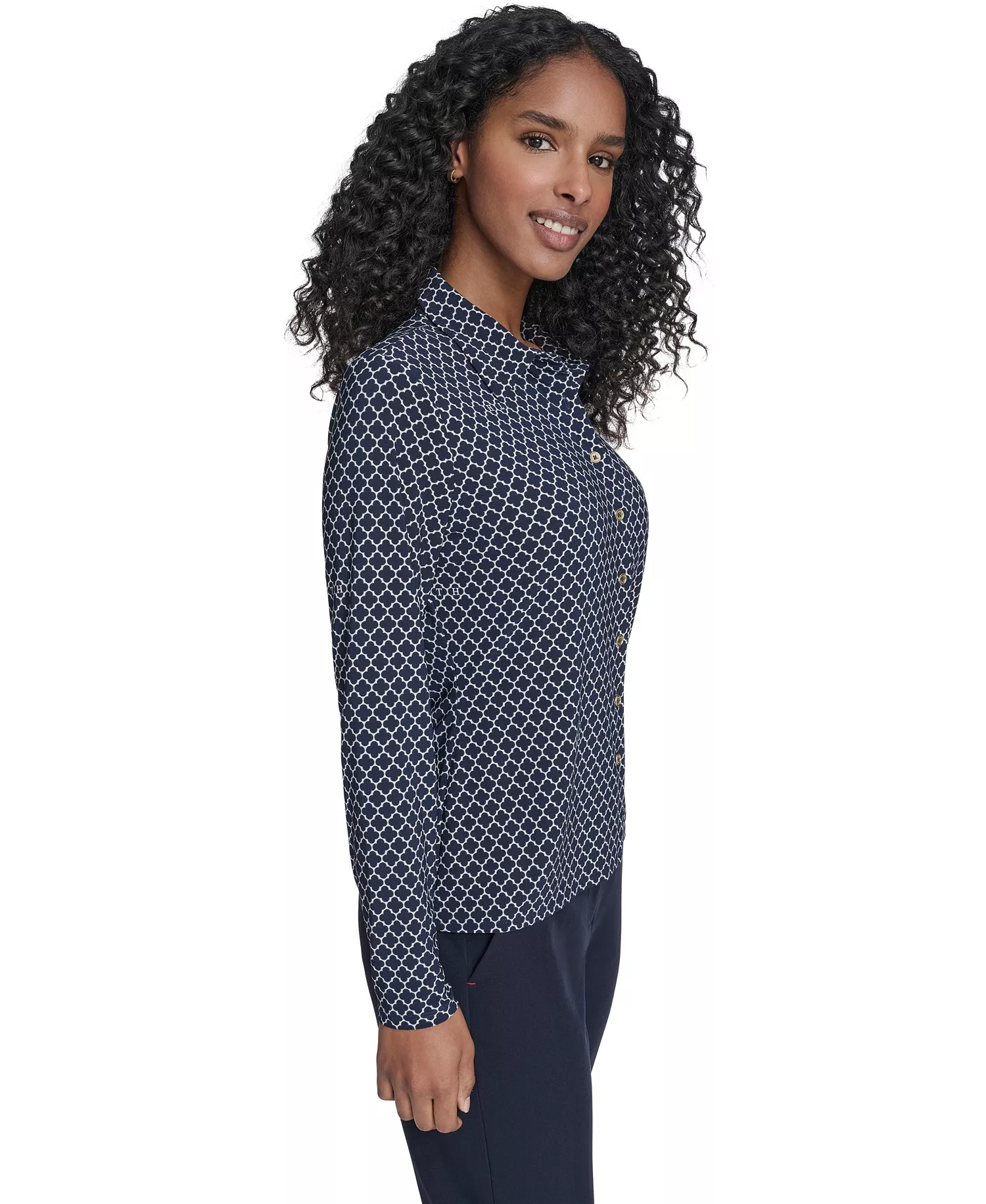 Women's Long Sleeve Clover Button-Up Top - Midnight/ Whitecap - L