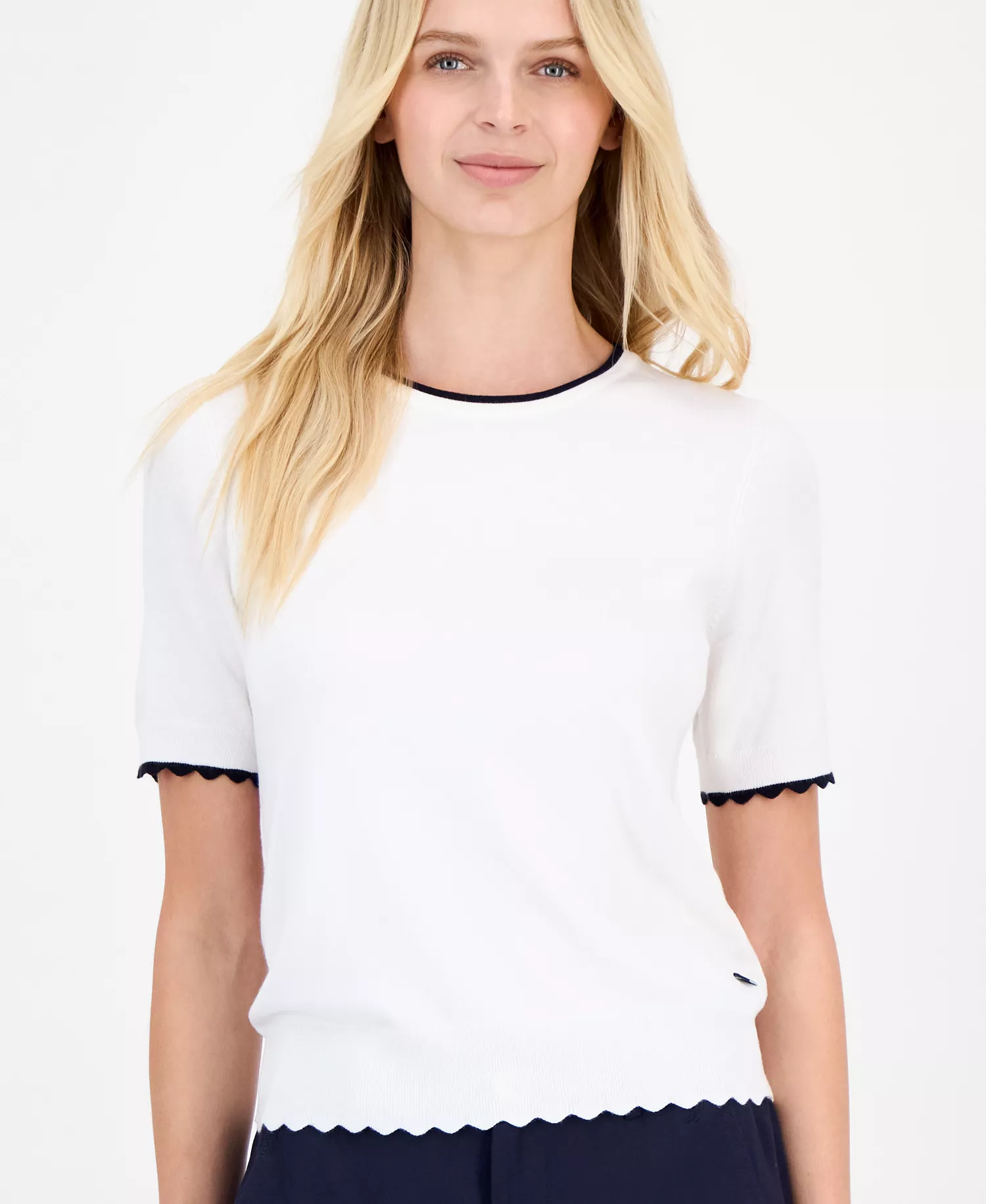 Nautica Women's Scallop-Trim Short Sleeve Crewneck Sweater - Bright White/ Night Sky - L