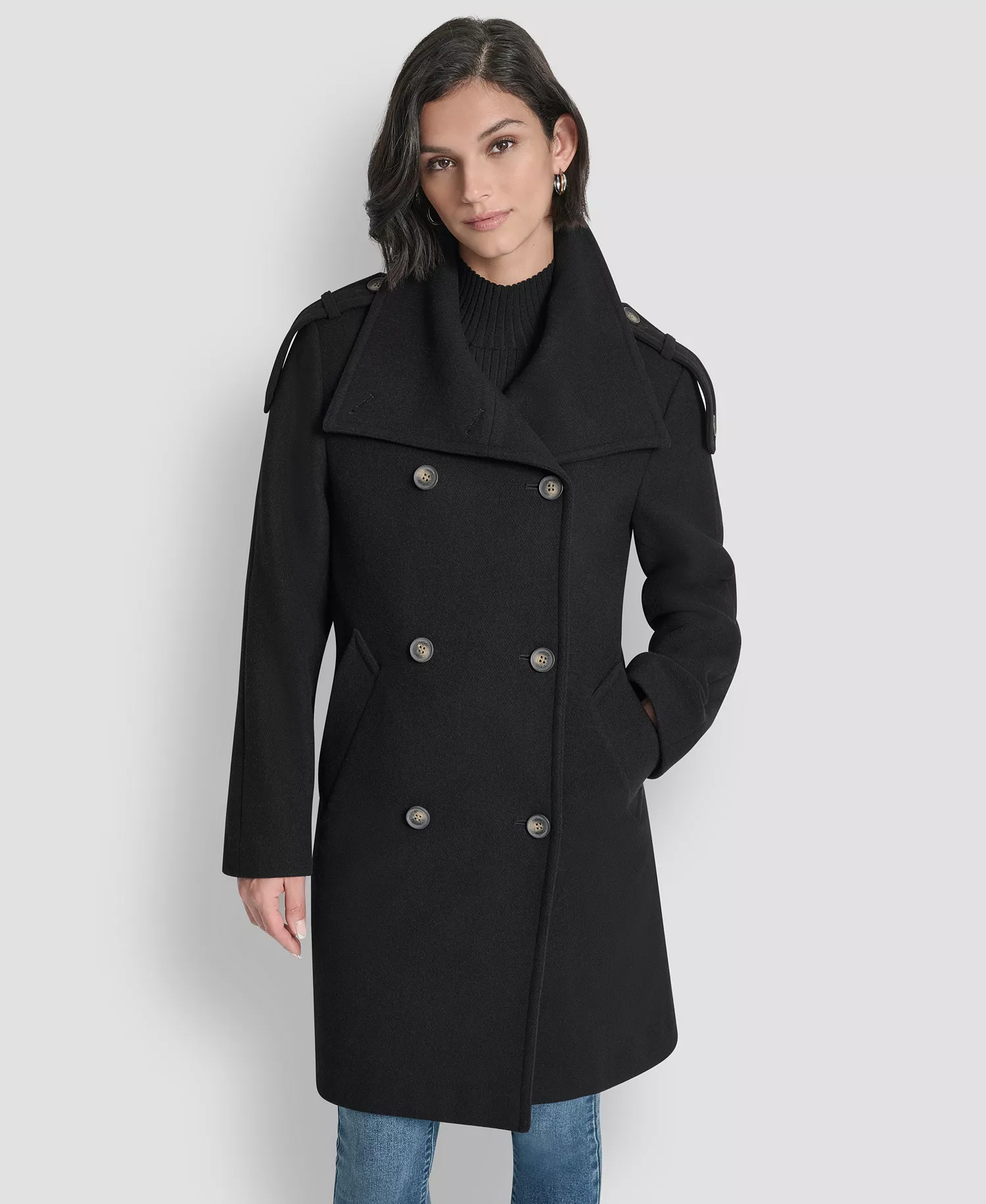 Women's Double-Breasted Funnel Neck Military Coat - Black - L