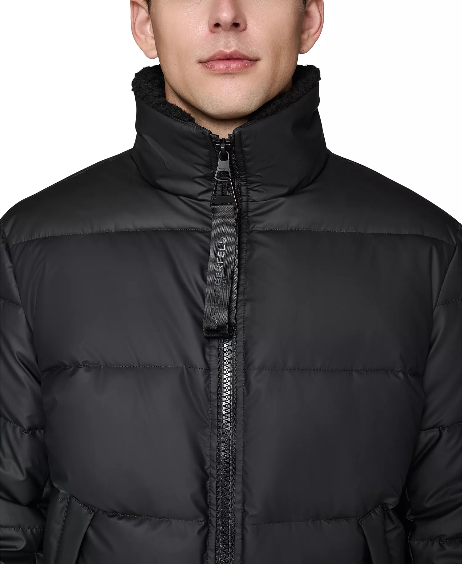 Men's Sherpa Lined Stand Collar Puffer Jacket - Black - L
