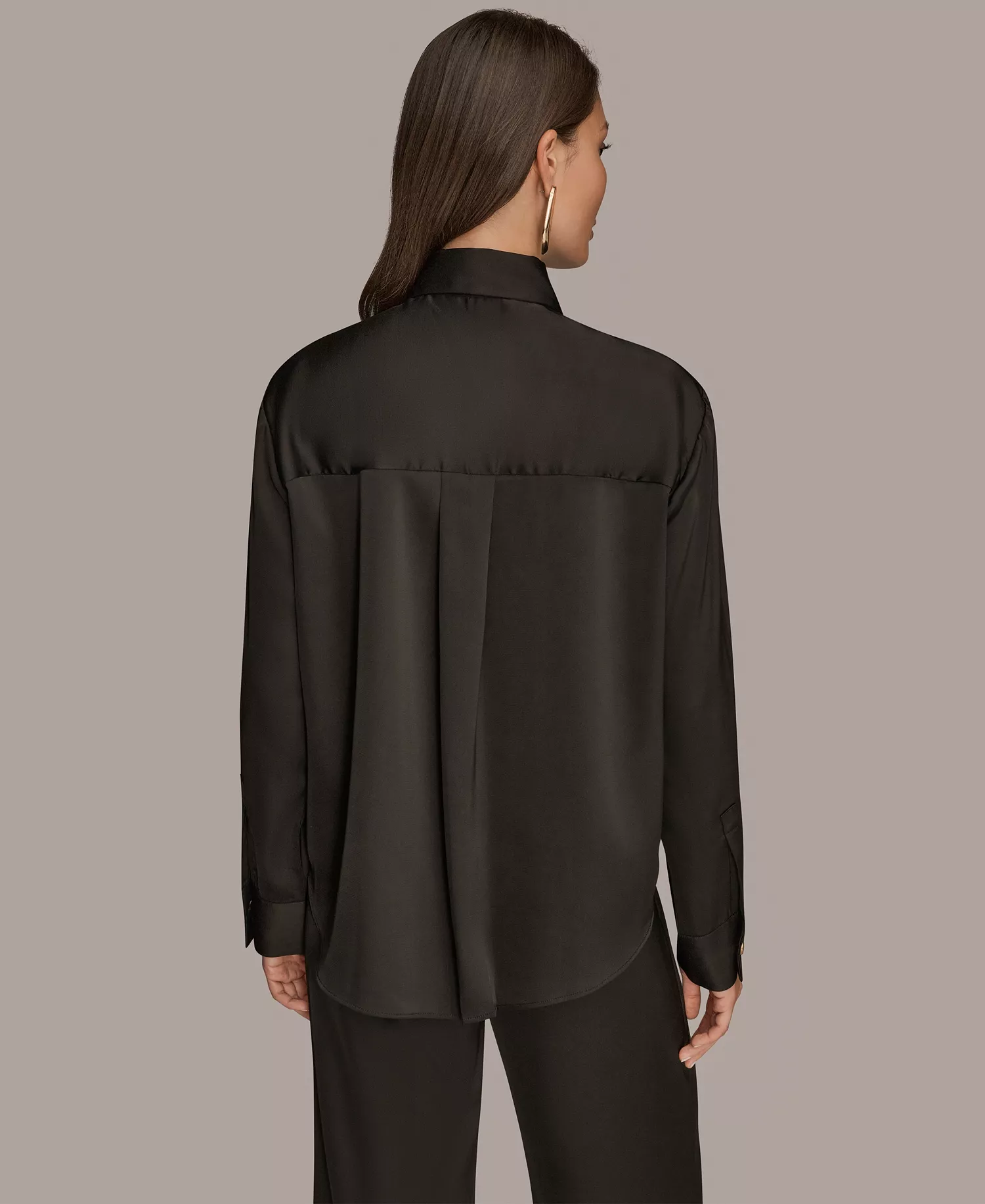 Women's Silk Collared Long Sleeve Button Down Top - Black - L