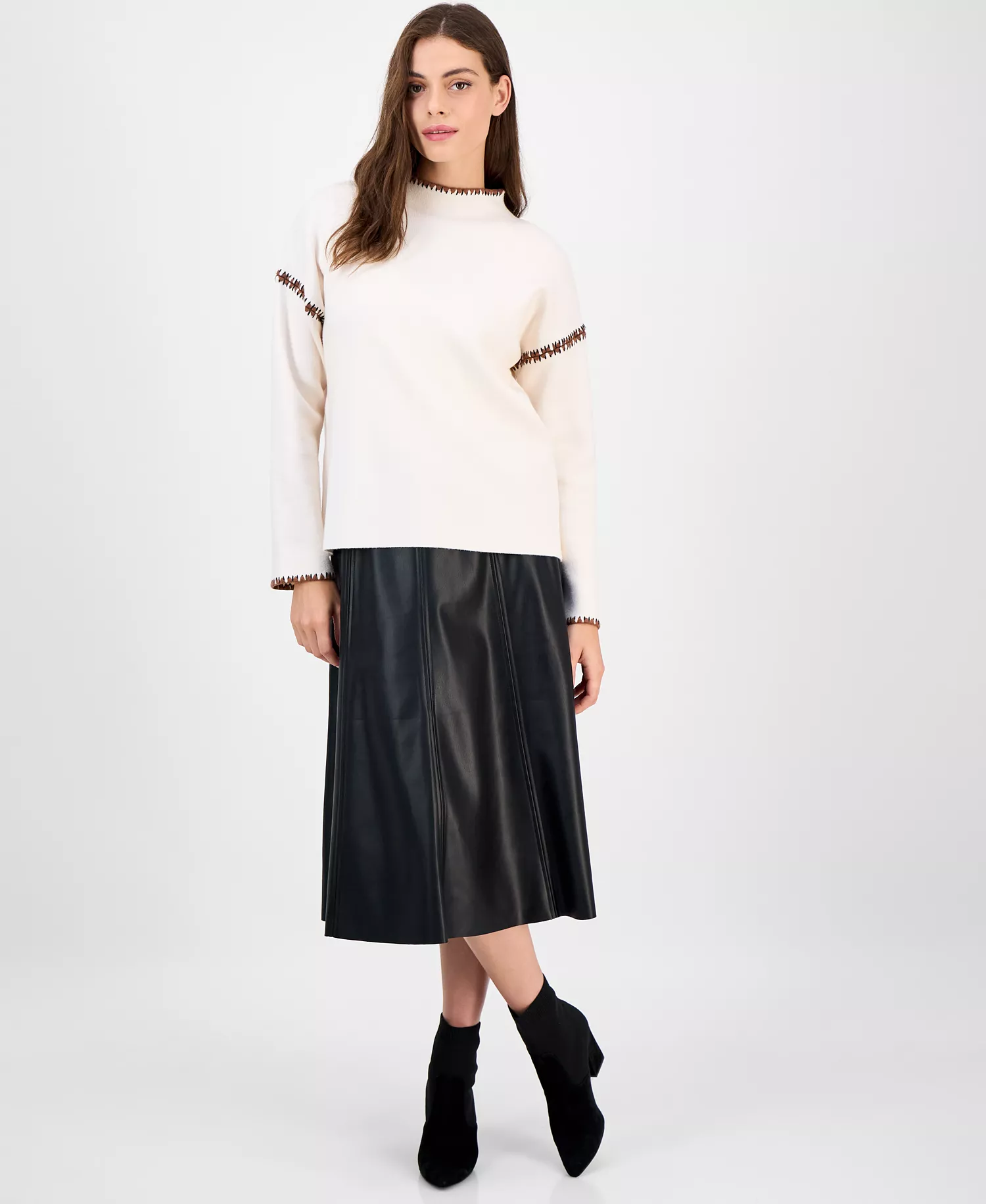 Women's Mock-Neck Embroidered-Stitch Sweater - Cream - M