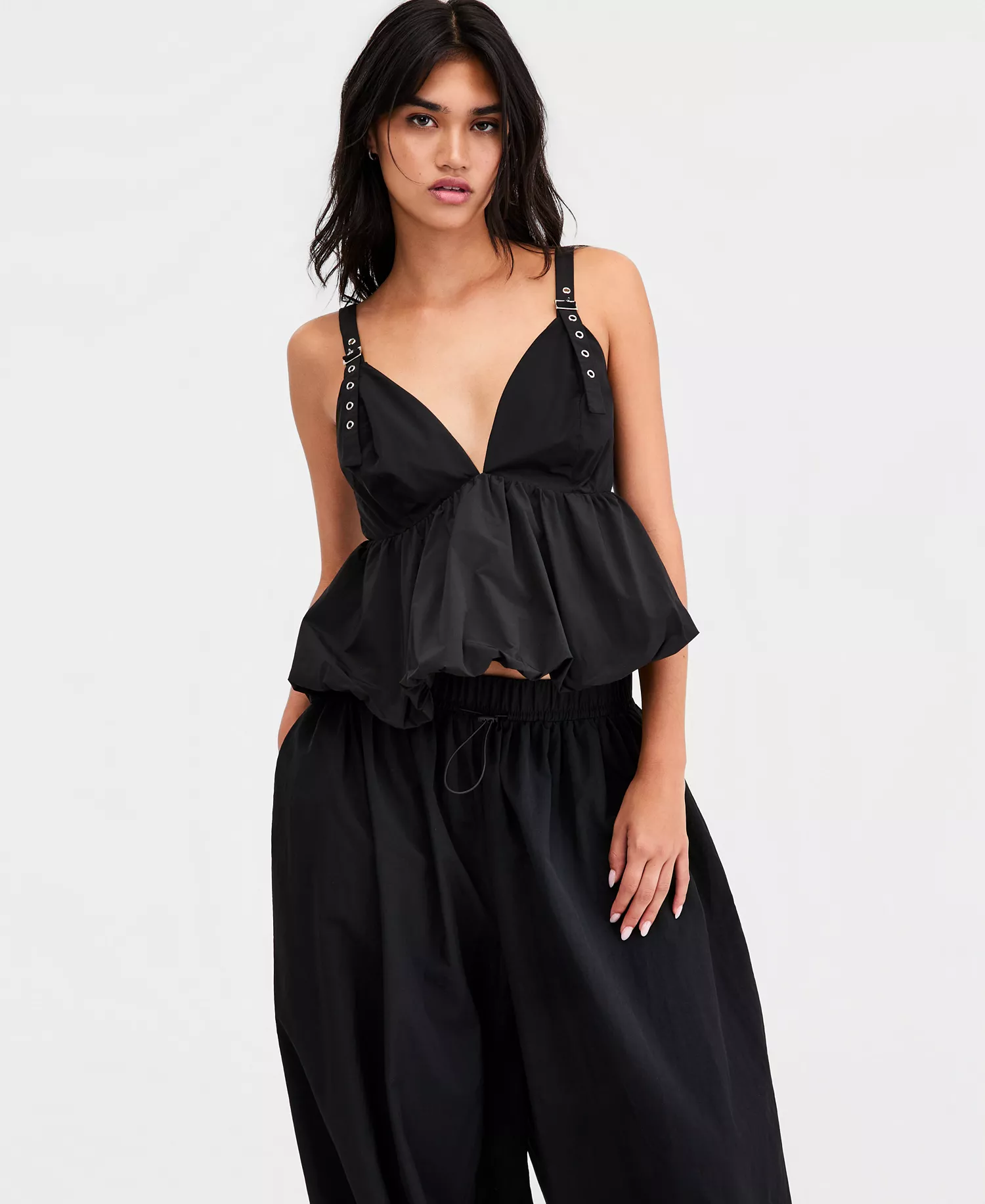 Women's Nylon Peplum Bubble Top, Macy's Exclusive - Black - L